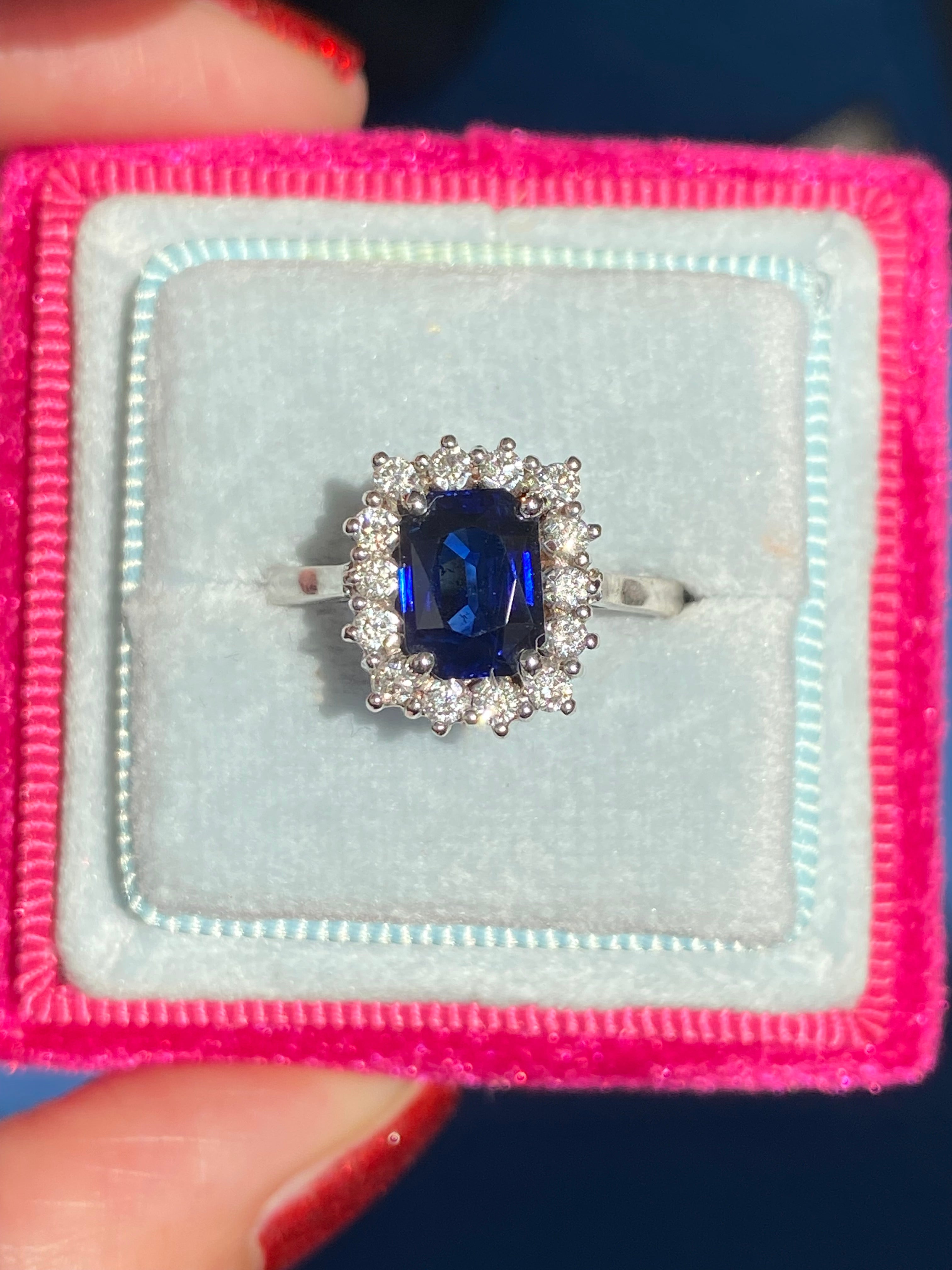 Vintage 2.05 Carat Sapphire and Natural Diamond Halo Ring in Platinum