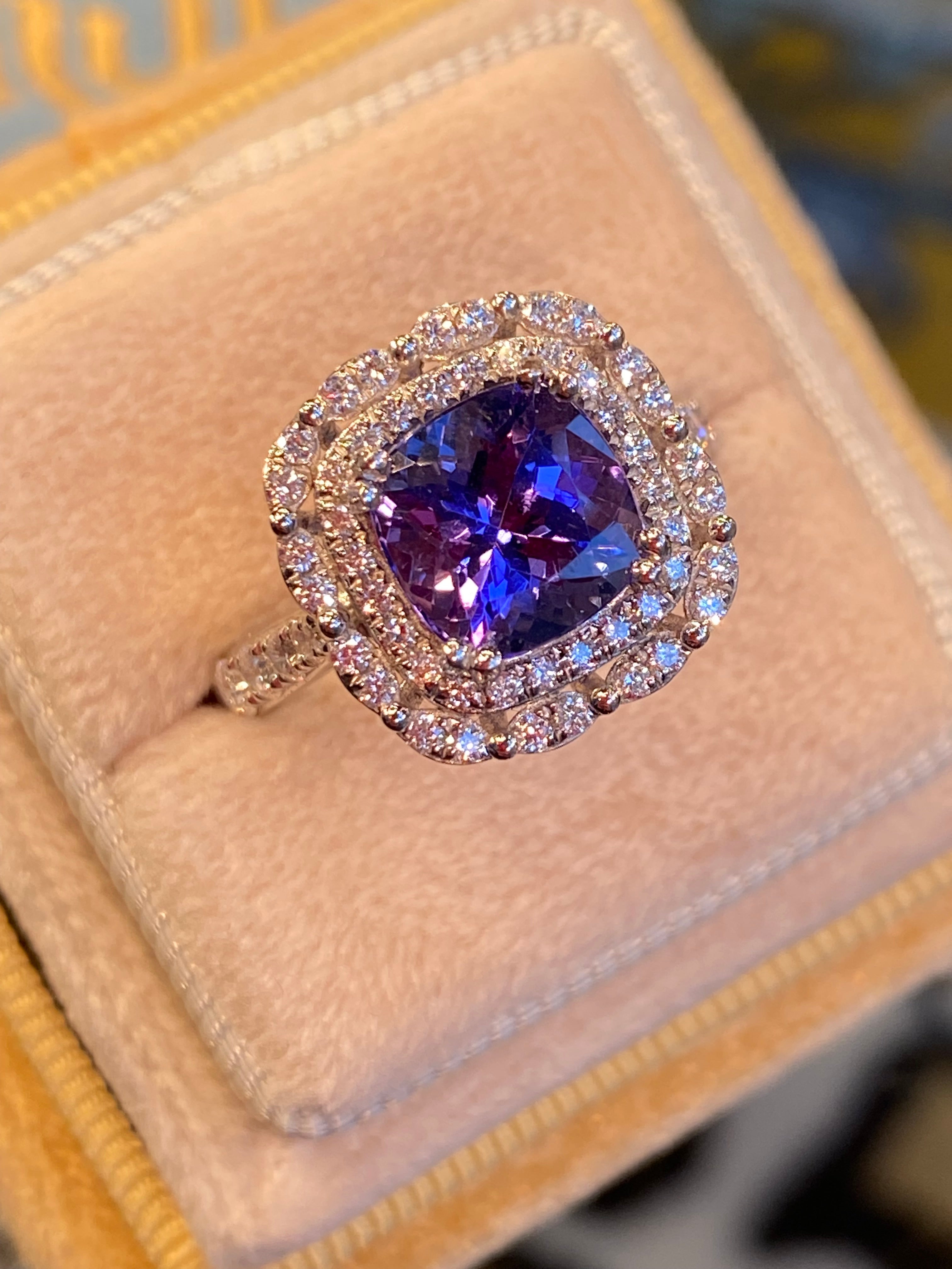 2.36 Carat Cushion Cut Tanzanite and 0.71 ctw Natural Diamond Ring in Platinum
