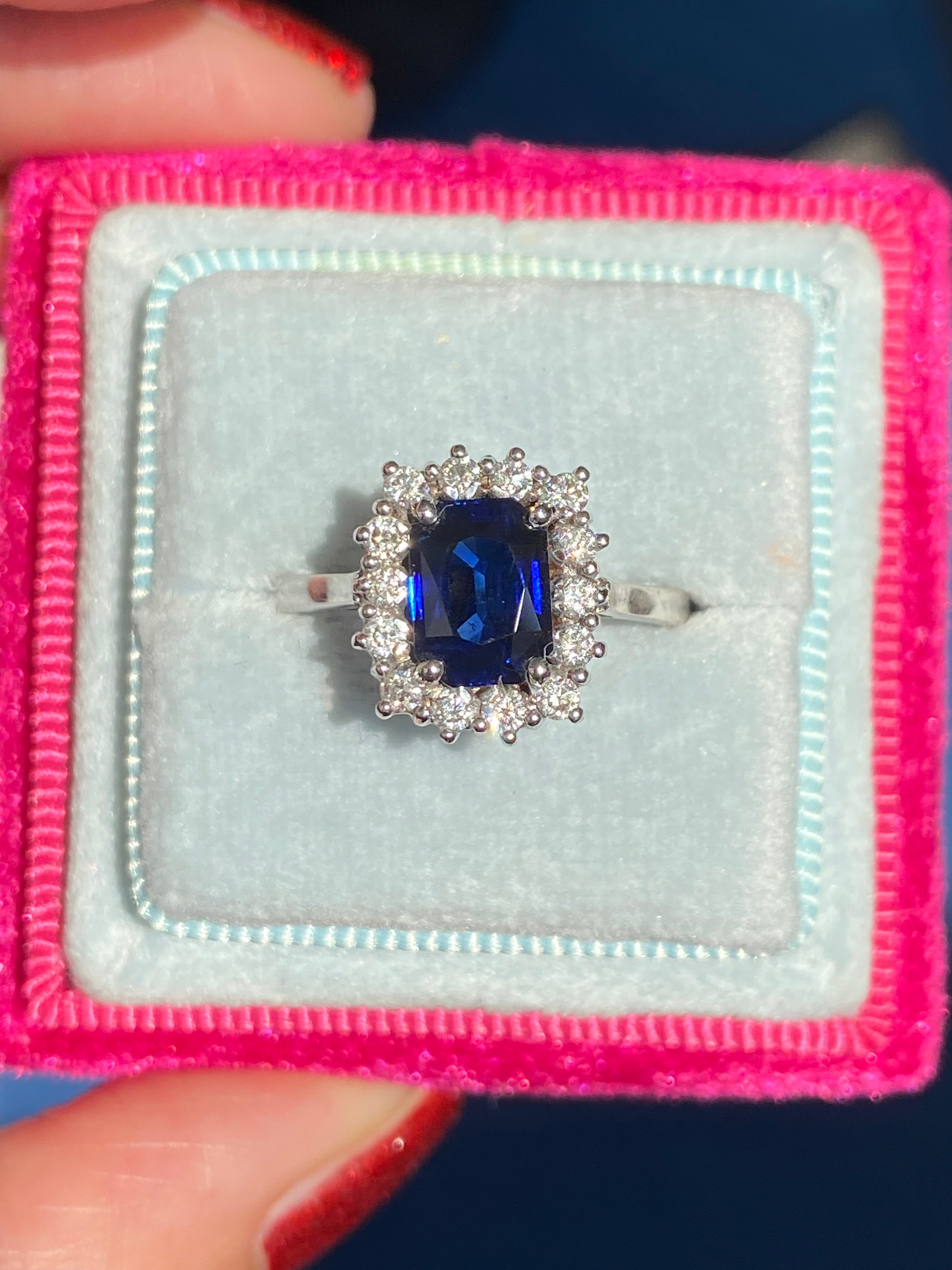 Vintage 2.05 Carat Sapphire and Natural Diamond Halo Ring in Platinum
