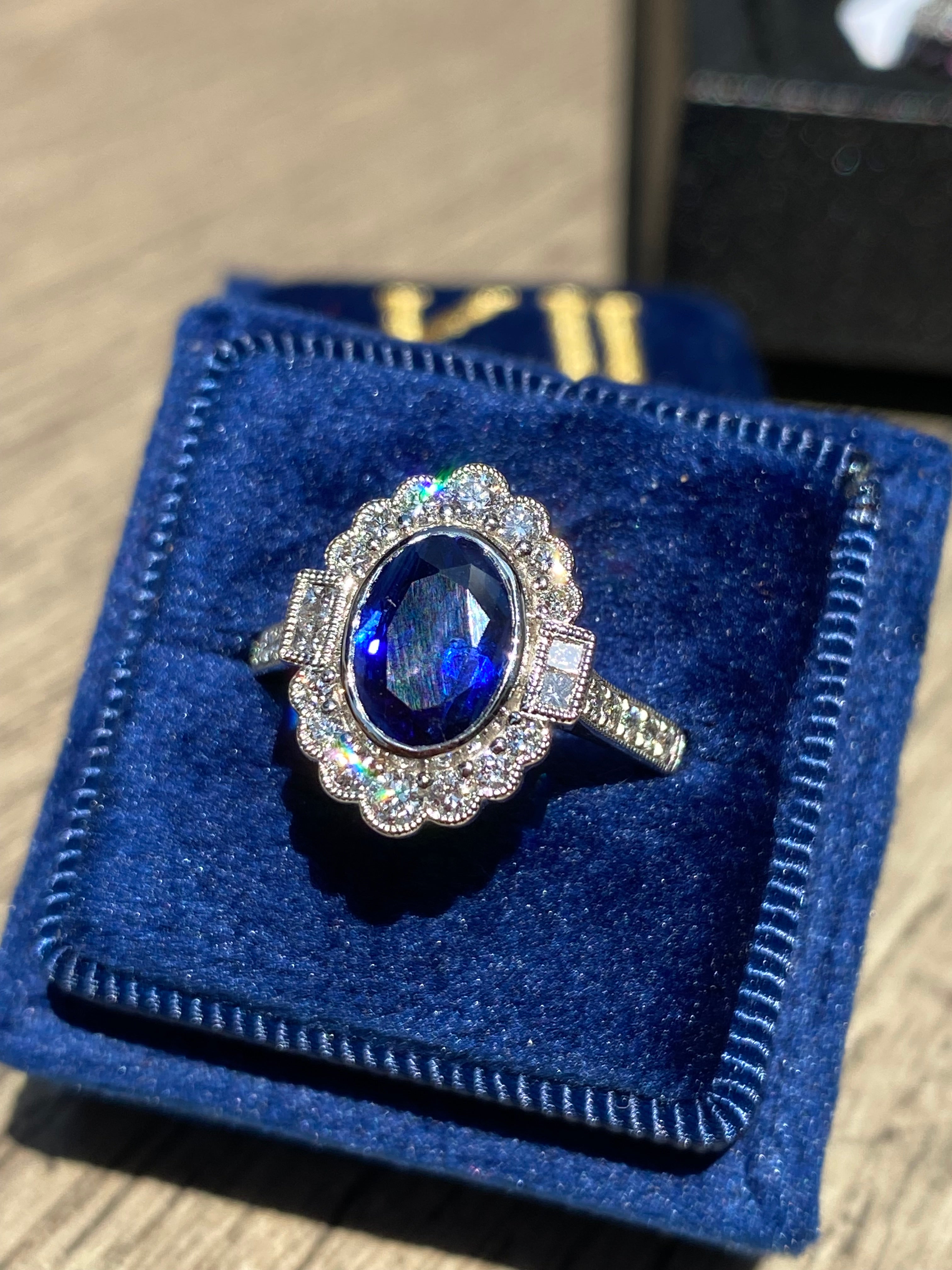 1.95 Carat Blue Ceylon Sapphire and Natural Diamond Halo Ring in Platinum