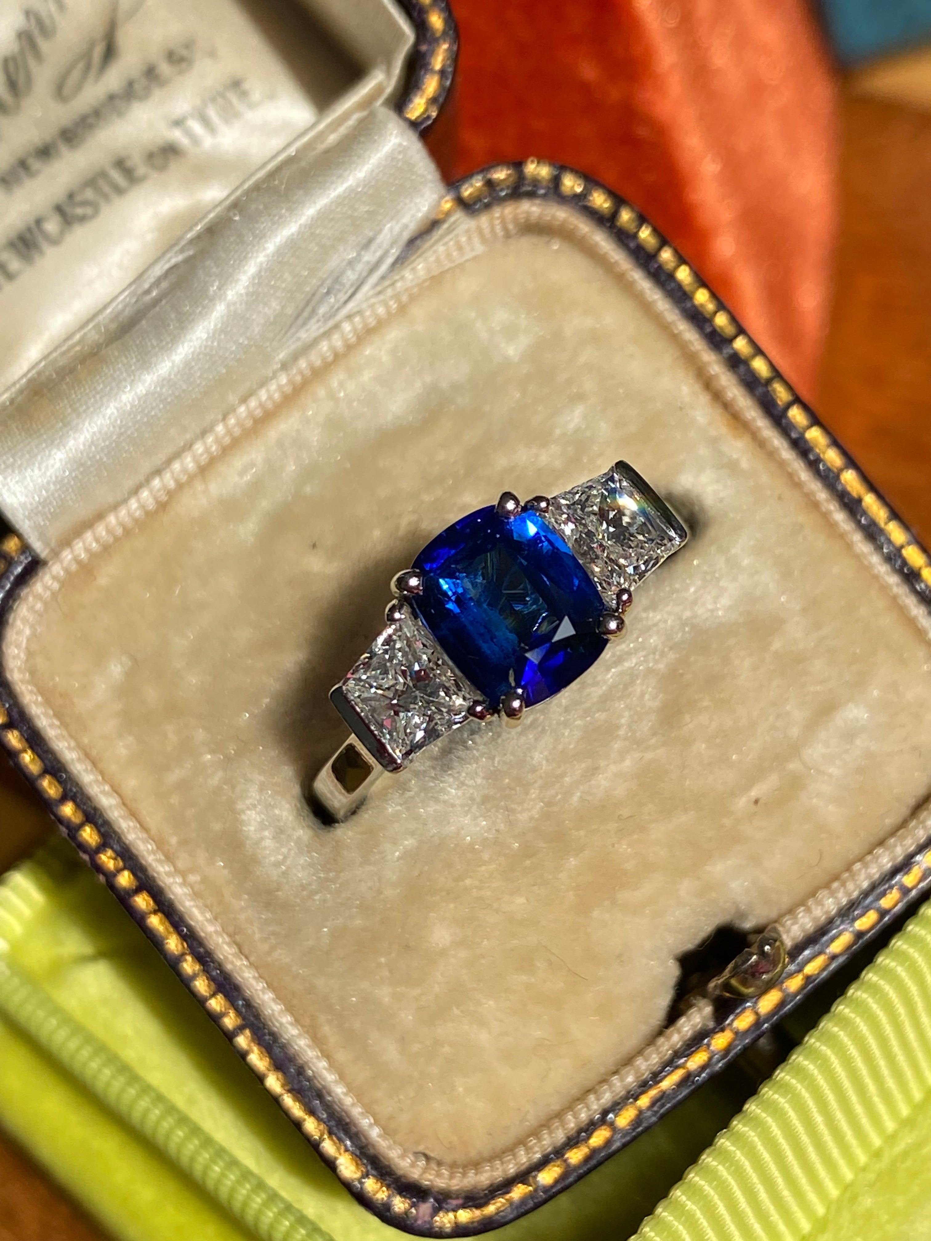 2.71 CTW Blue Ceylon Sapphire and Natural Diamond Three Stone Engagement Ring in Platinum