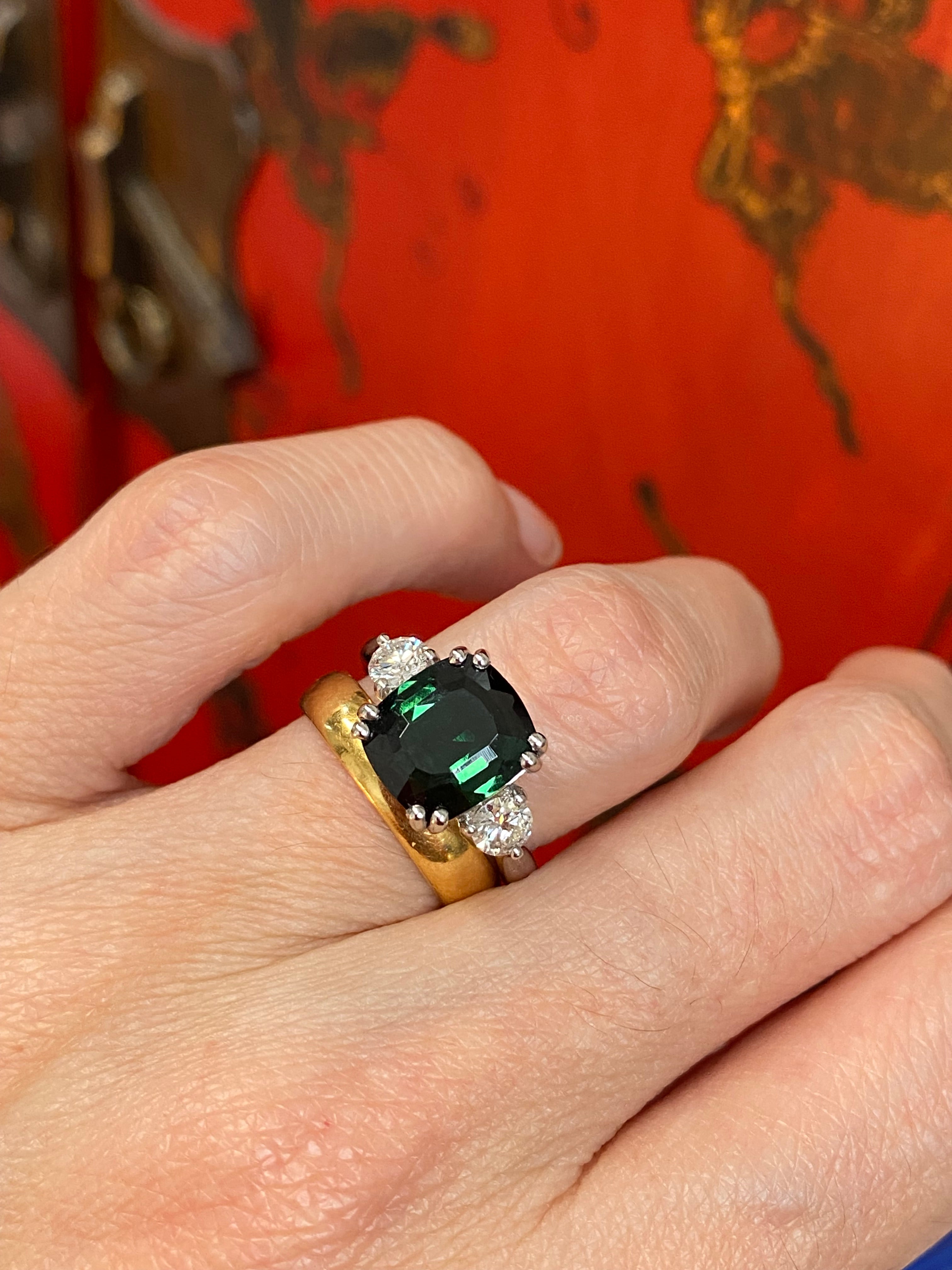 3.97 Carat Green Tourmaline and Natural Diamond Ring in Platinum