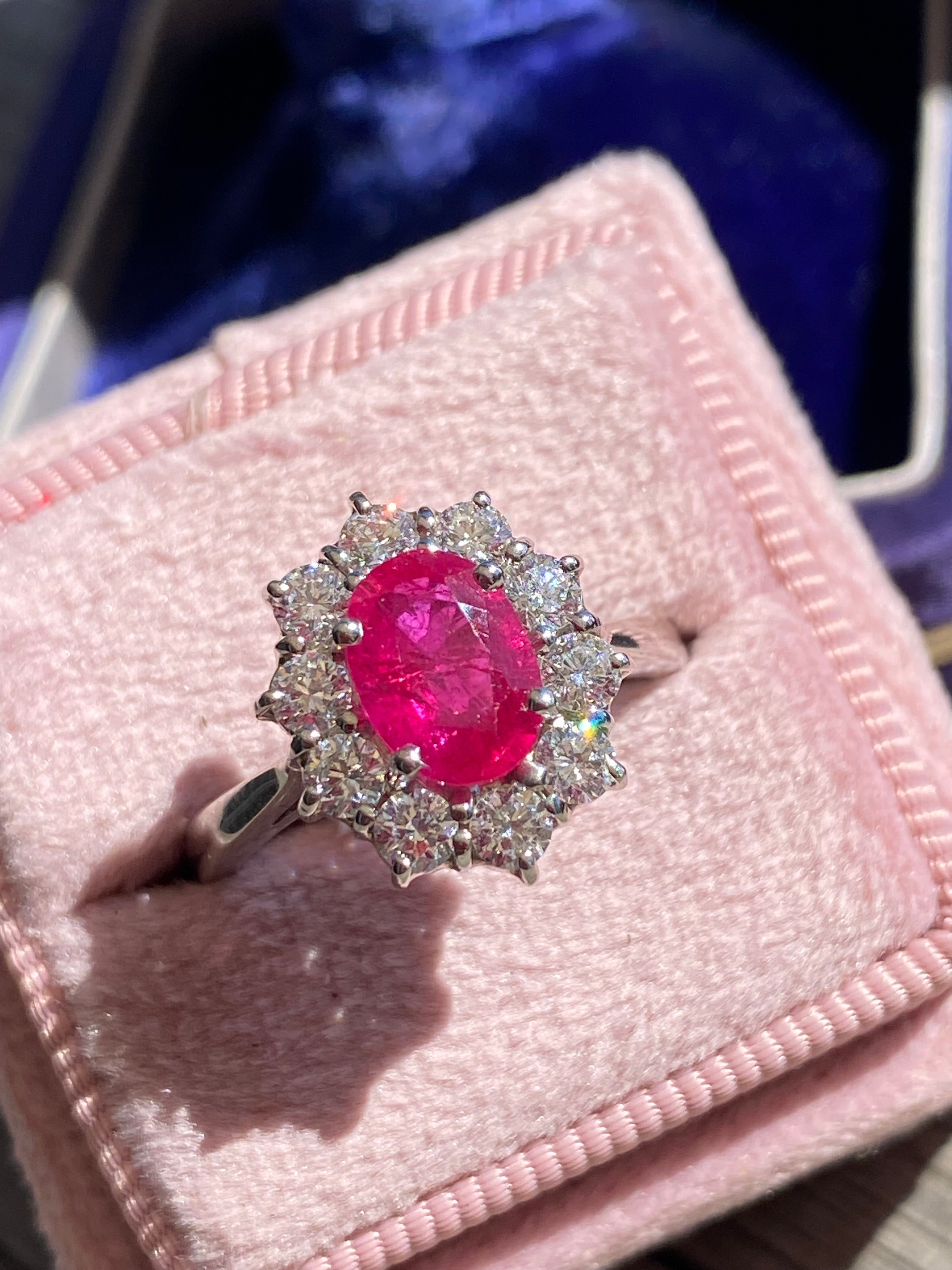 2.08 CTW Oval-Cut Ruby and Natural Diamond Halo Ring in Platinum