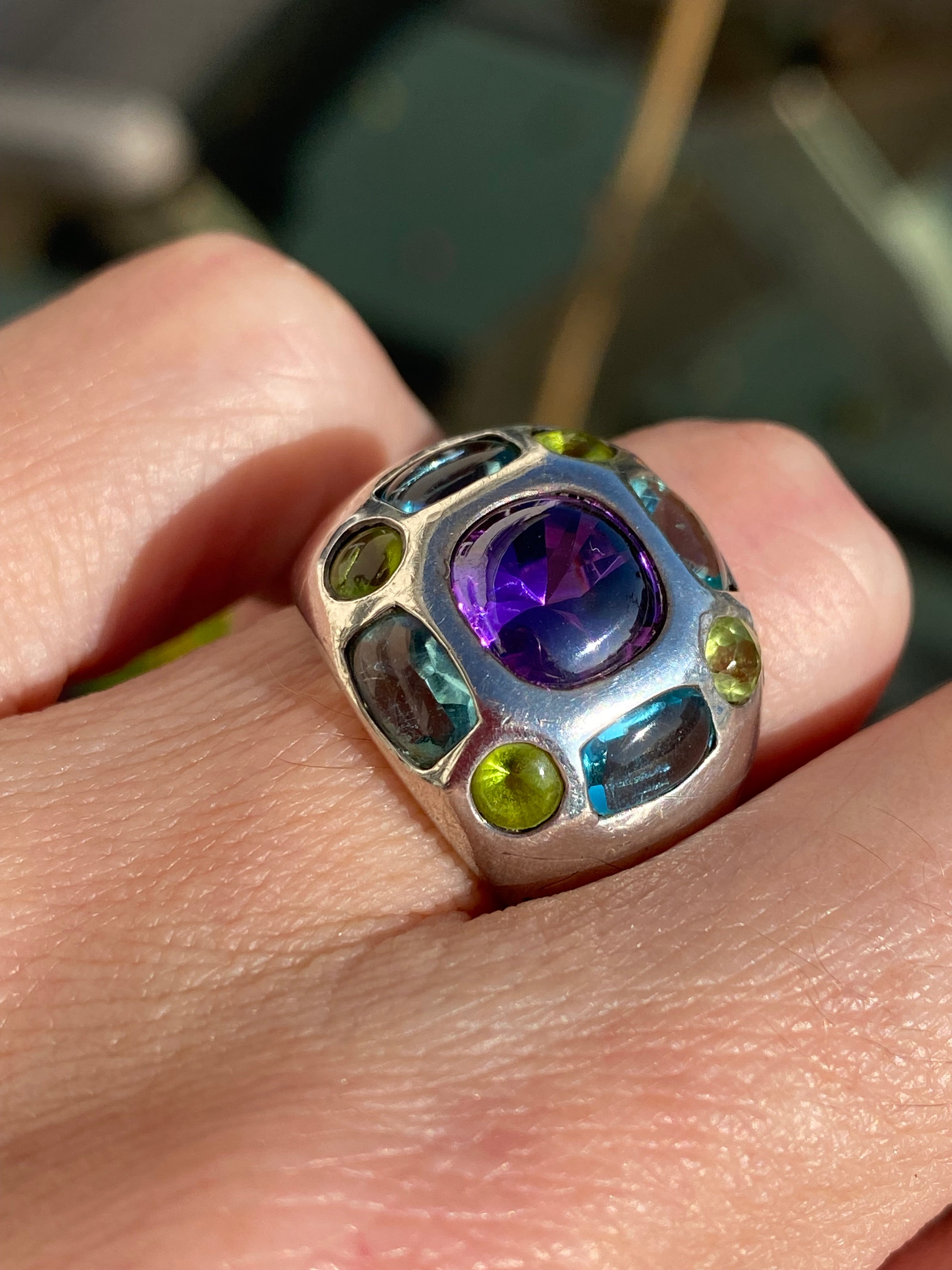 Beautiful Vintage Amethyst, Peridot and Blue Topaz Ring in Sterling Silver