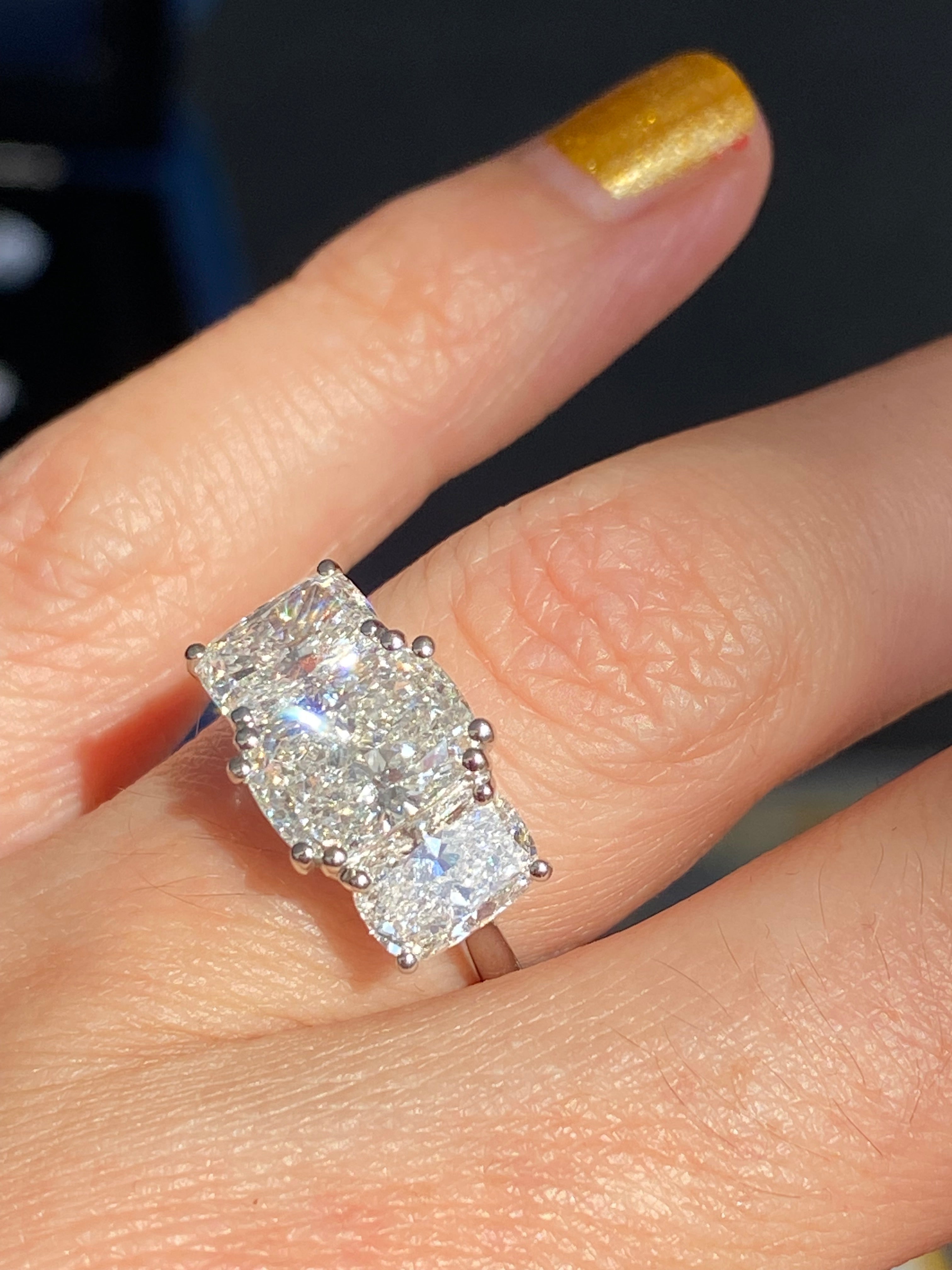 4.10 CTW Cushion Cut D Colour VS1 Lab Diamond Three Stone Ring in Platinum