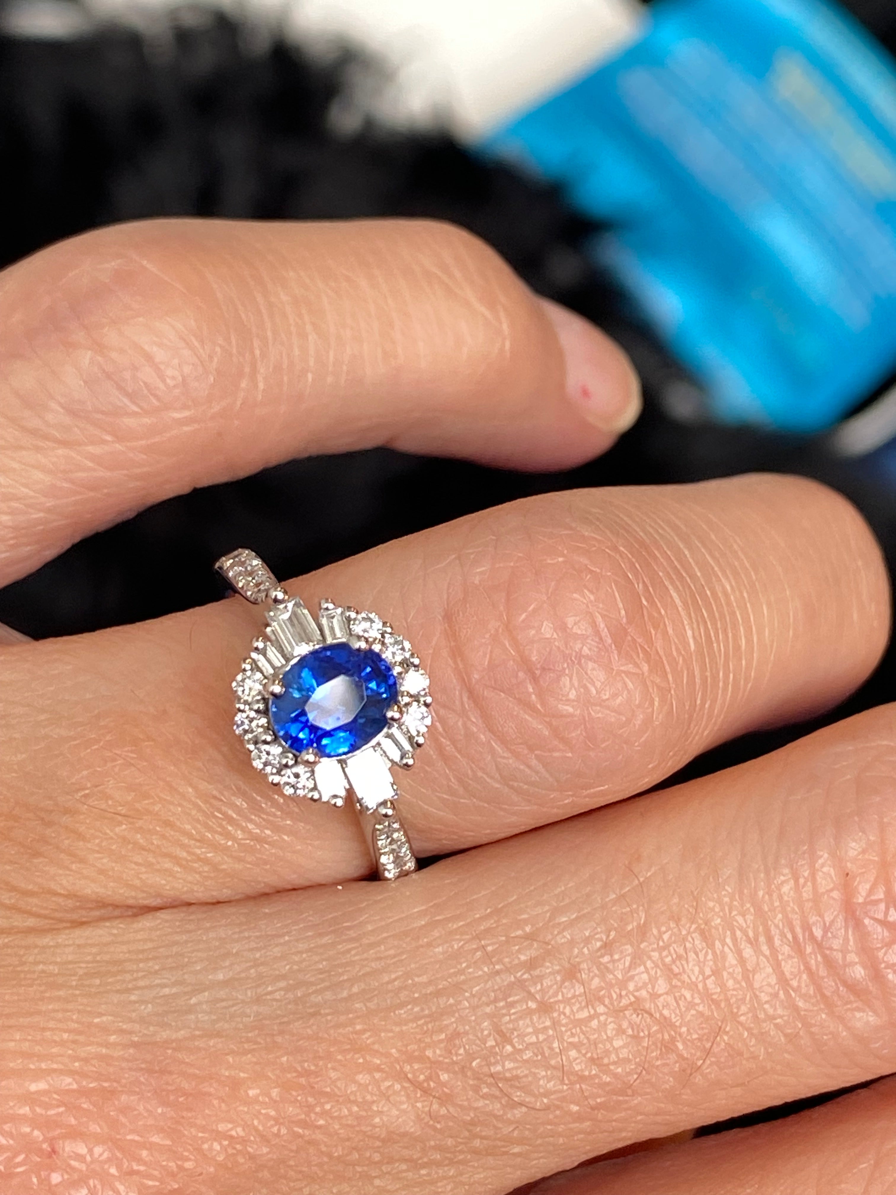 1.58 CTW Blue Ceylon Sapphire and Natural Diamond Halo Ring in Platinum