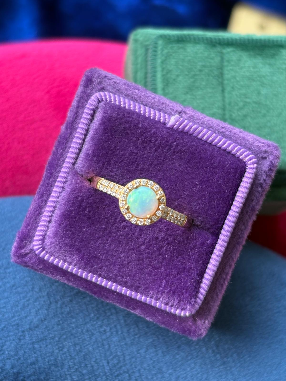 Beautiful Opal and Natural Diamond Halo Ring in 18ct Yellow Gold
