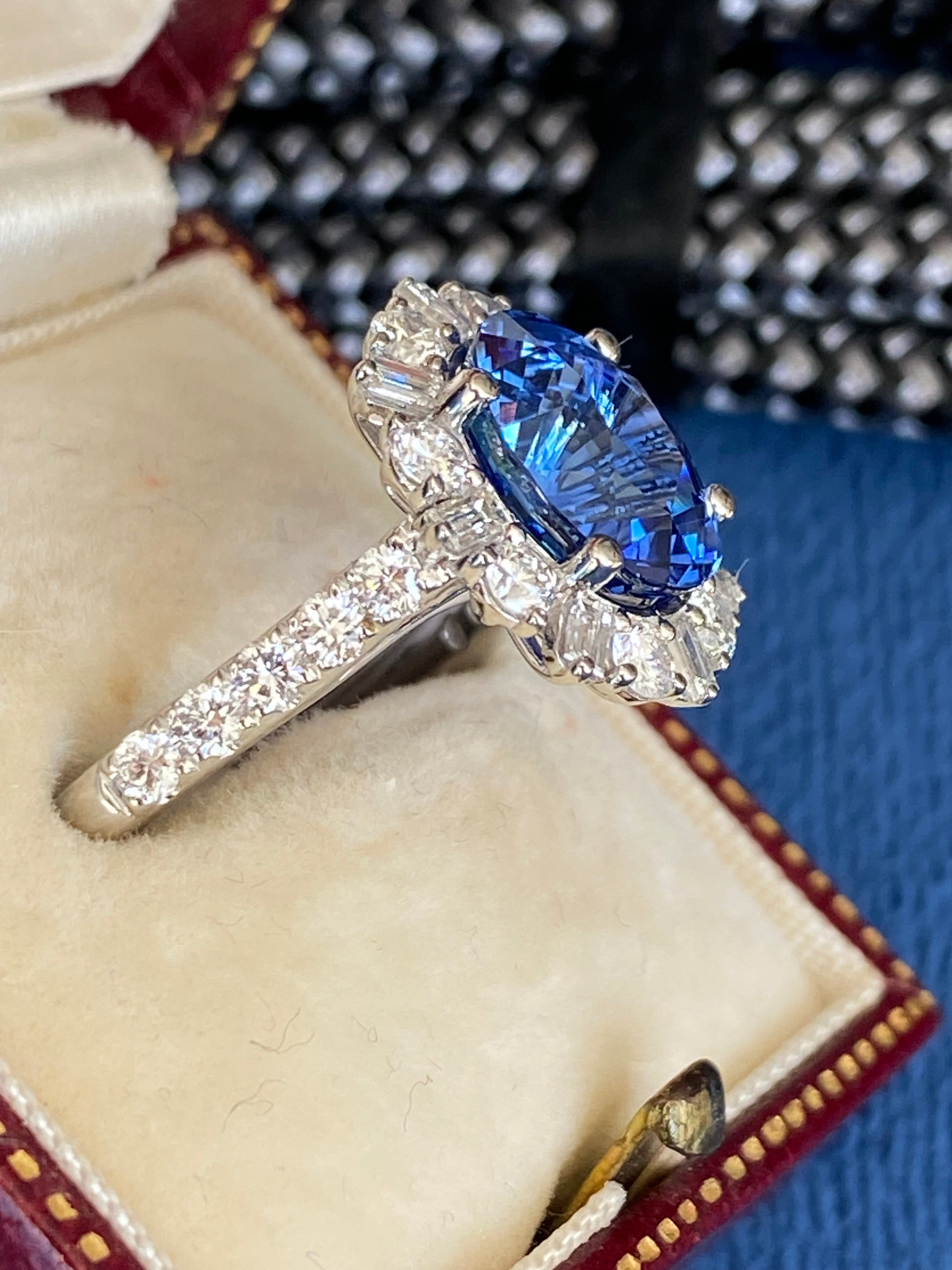 3.72 Carat Blue Ceylon Sapphire and 0.91ctw Natural Diamond Halo Ring in Platinum