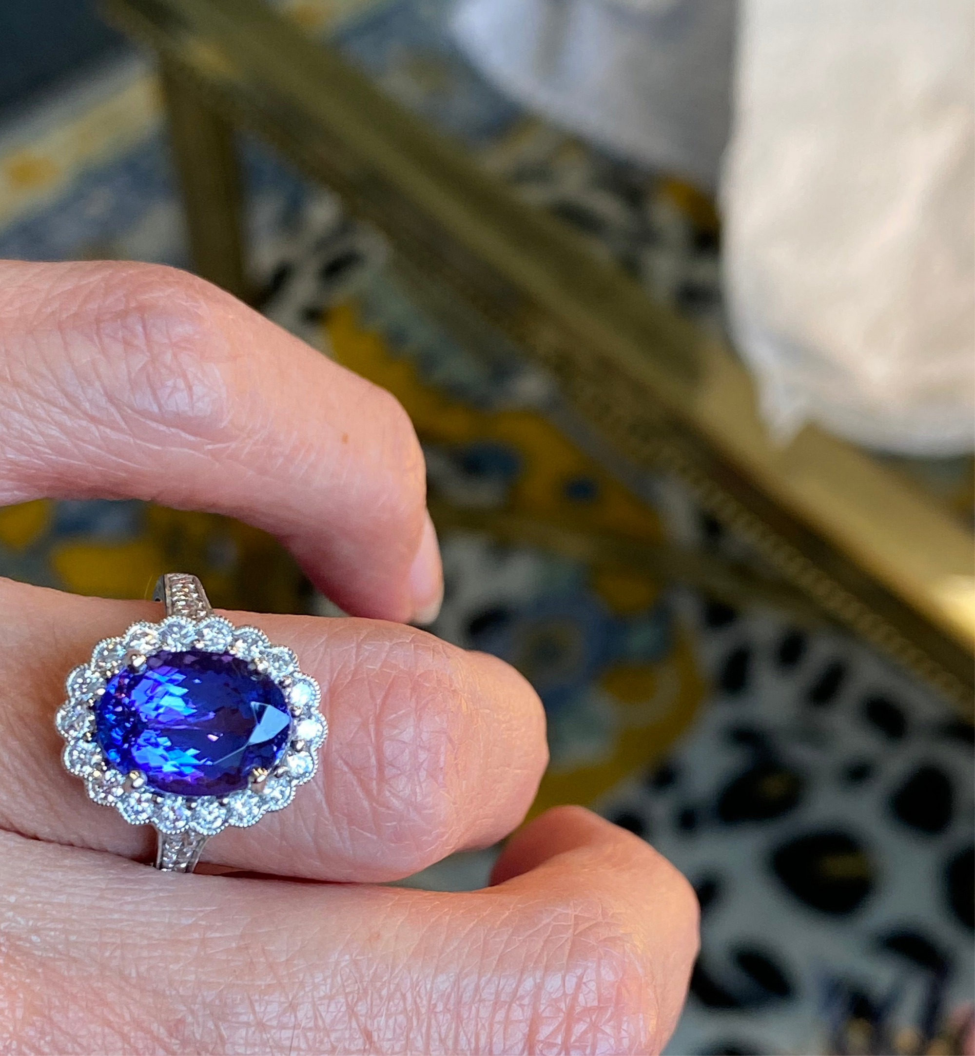 3.87 Carat Oval Cut Tanzanite and 0.75ctw Natural Diamond Cocktail Ring in Platinum