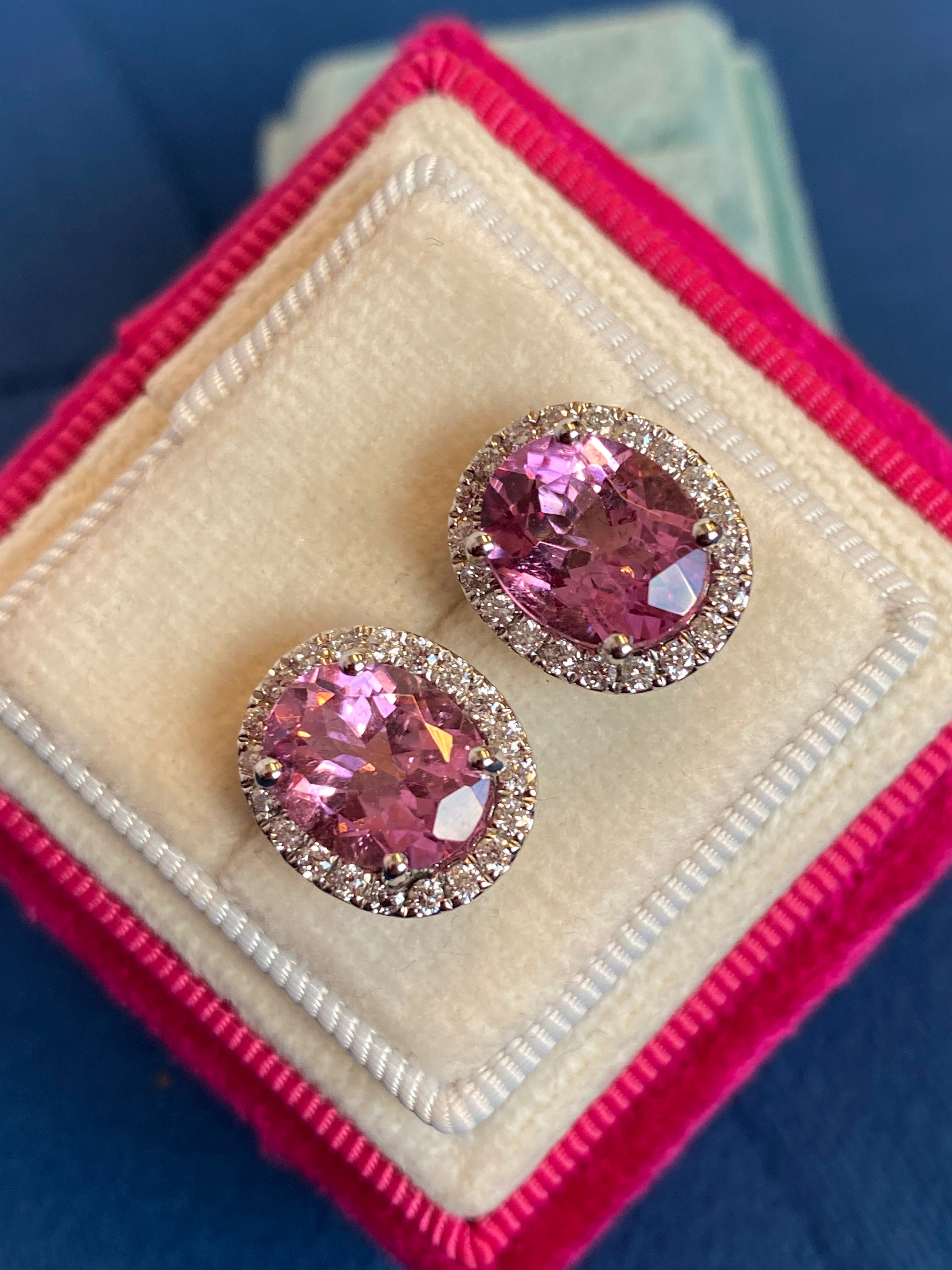 5.90 CTW Pink Tourmaline and Diamond Halo Stud Earrings in Platinum