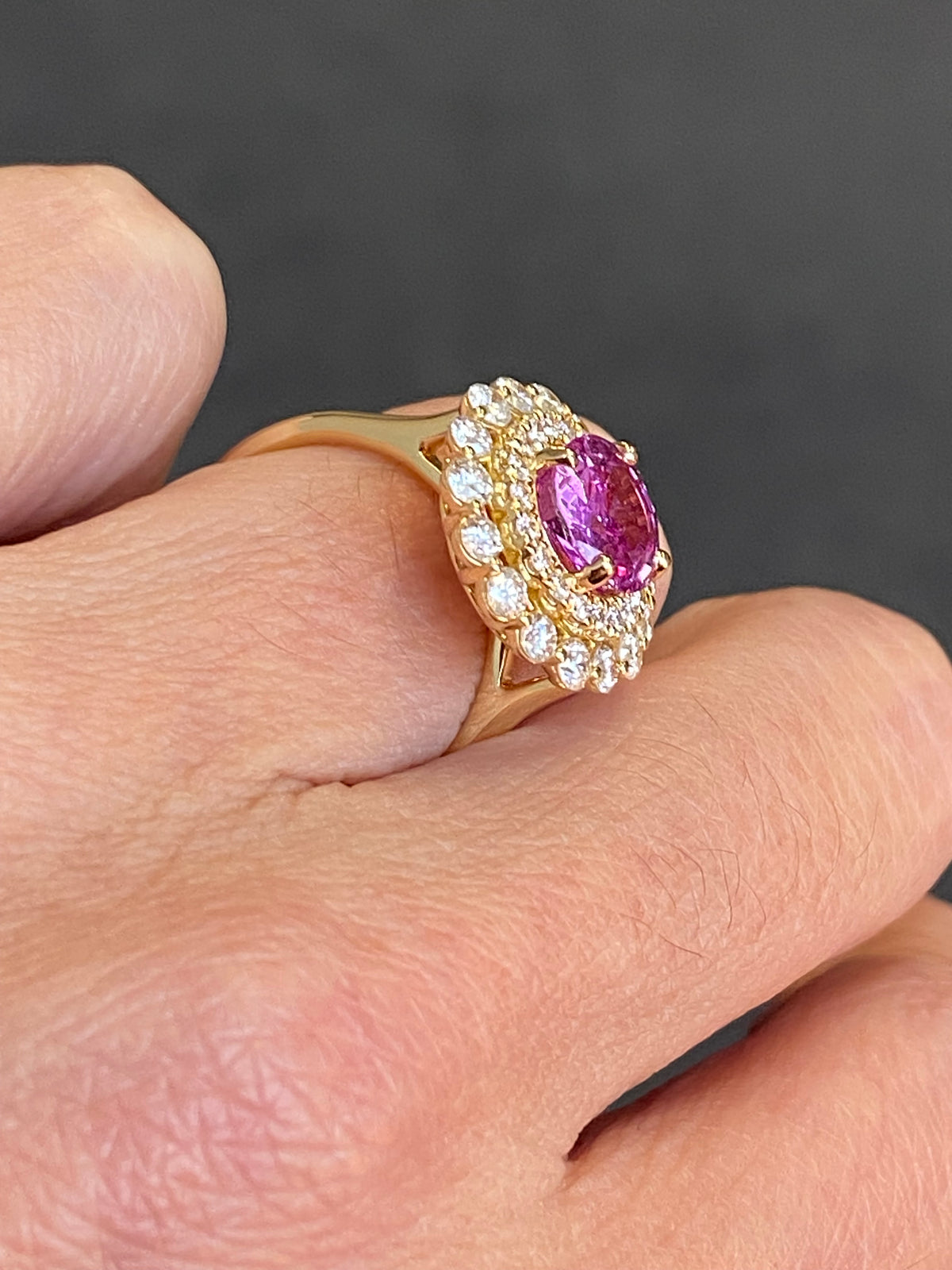 3.45 CTW Round Cut Pink Sapphire and Natural Diamond Halo Engagement Ring in 18ct Yellow Gold