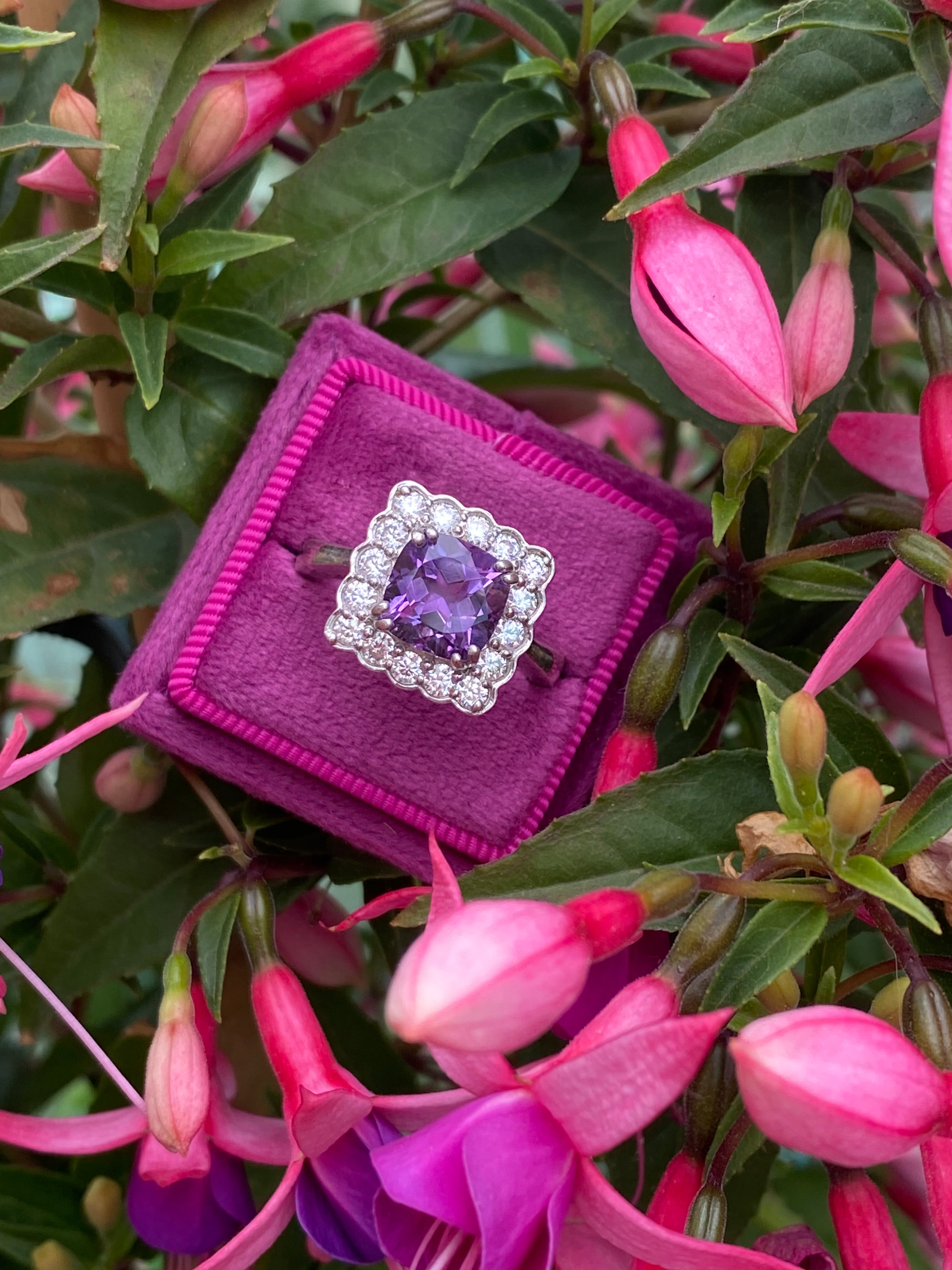 4.29 CTW Cushion Cut Amethyst and Moissanite Halo Cocktail Ring in Sterling Silver