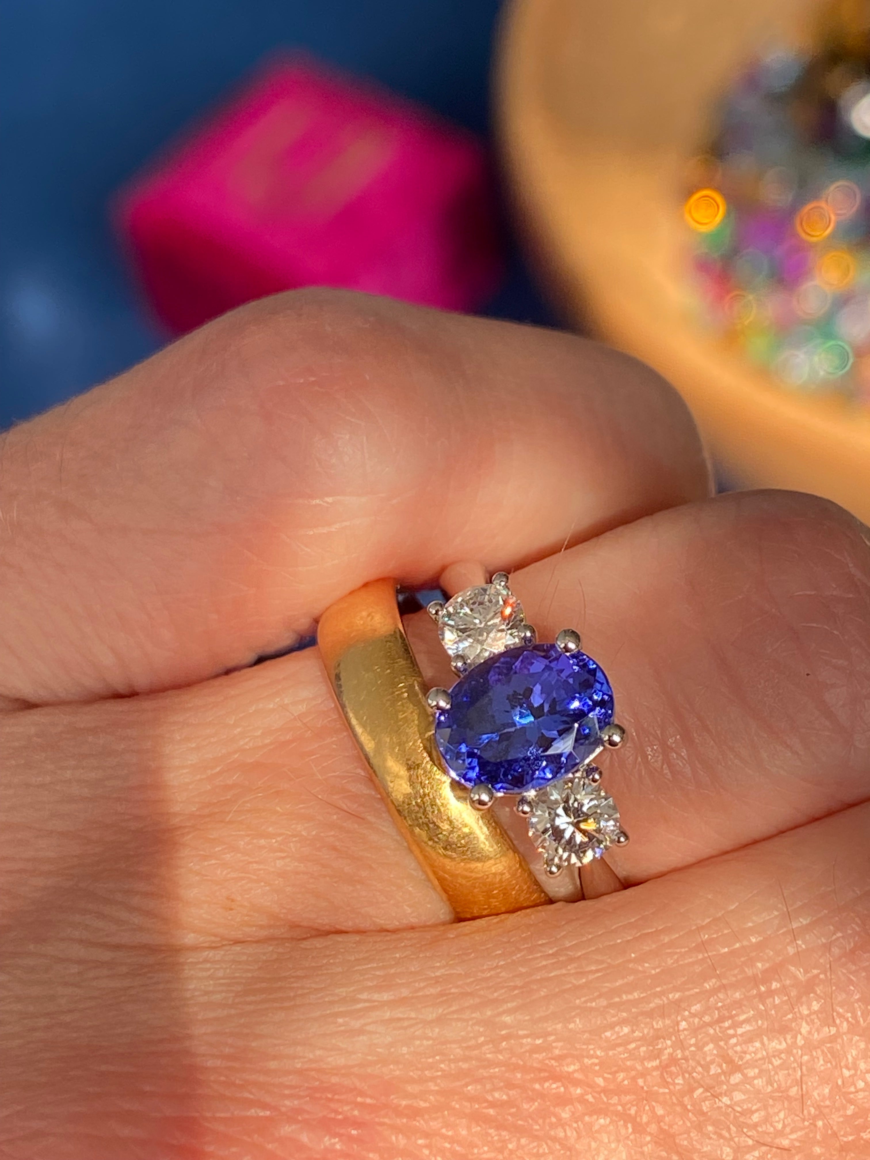 2.08 CTW Tanzanite and Natural Diamond Three Stone Ring in Platinum