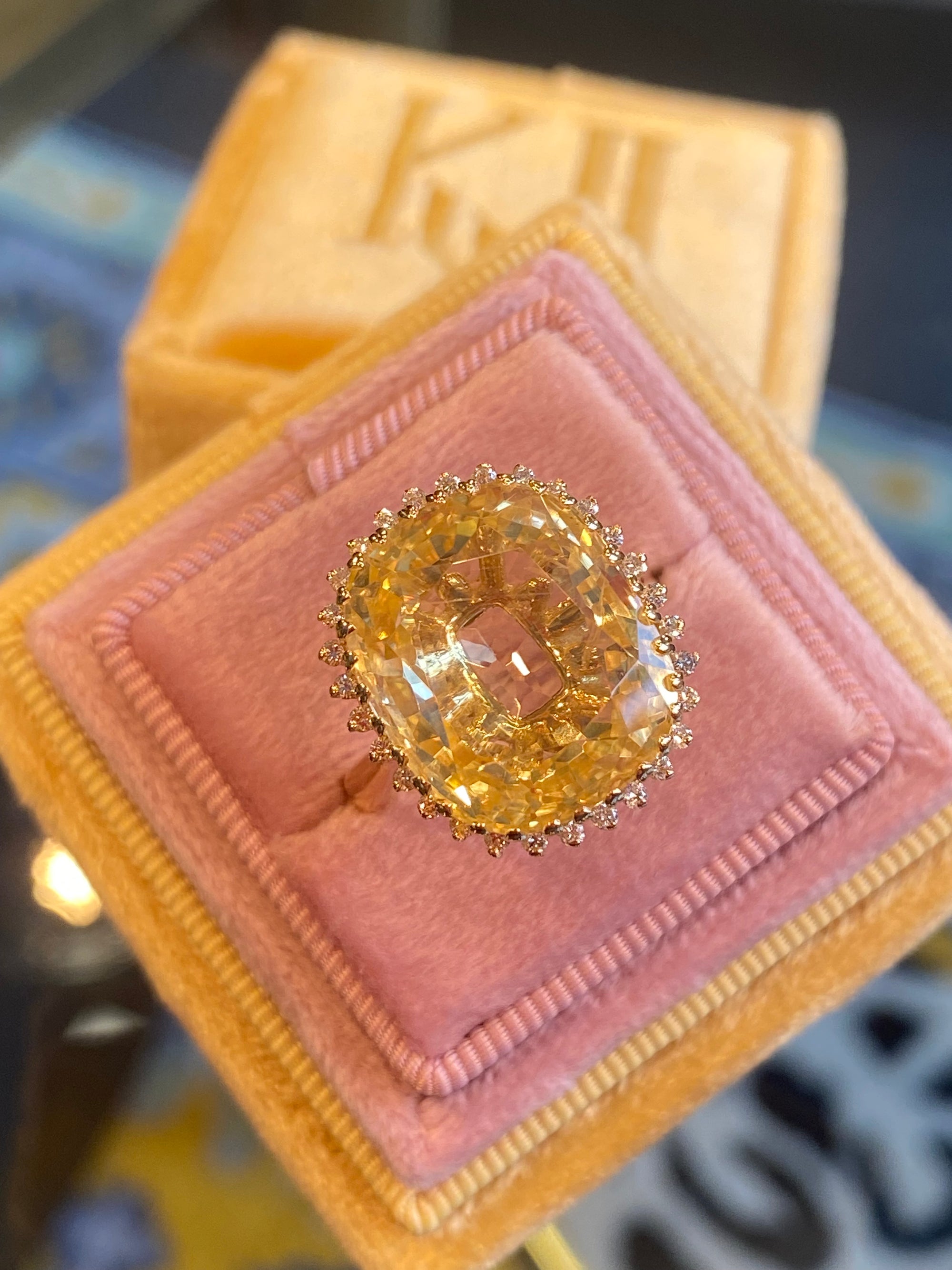 Masterpiece 19.23 Carat Certified Antique Unheated Yellow Sapphire and Diamond Ring