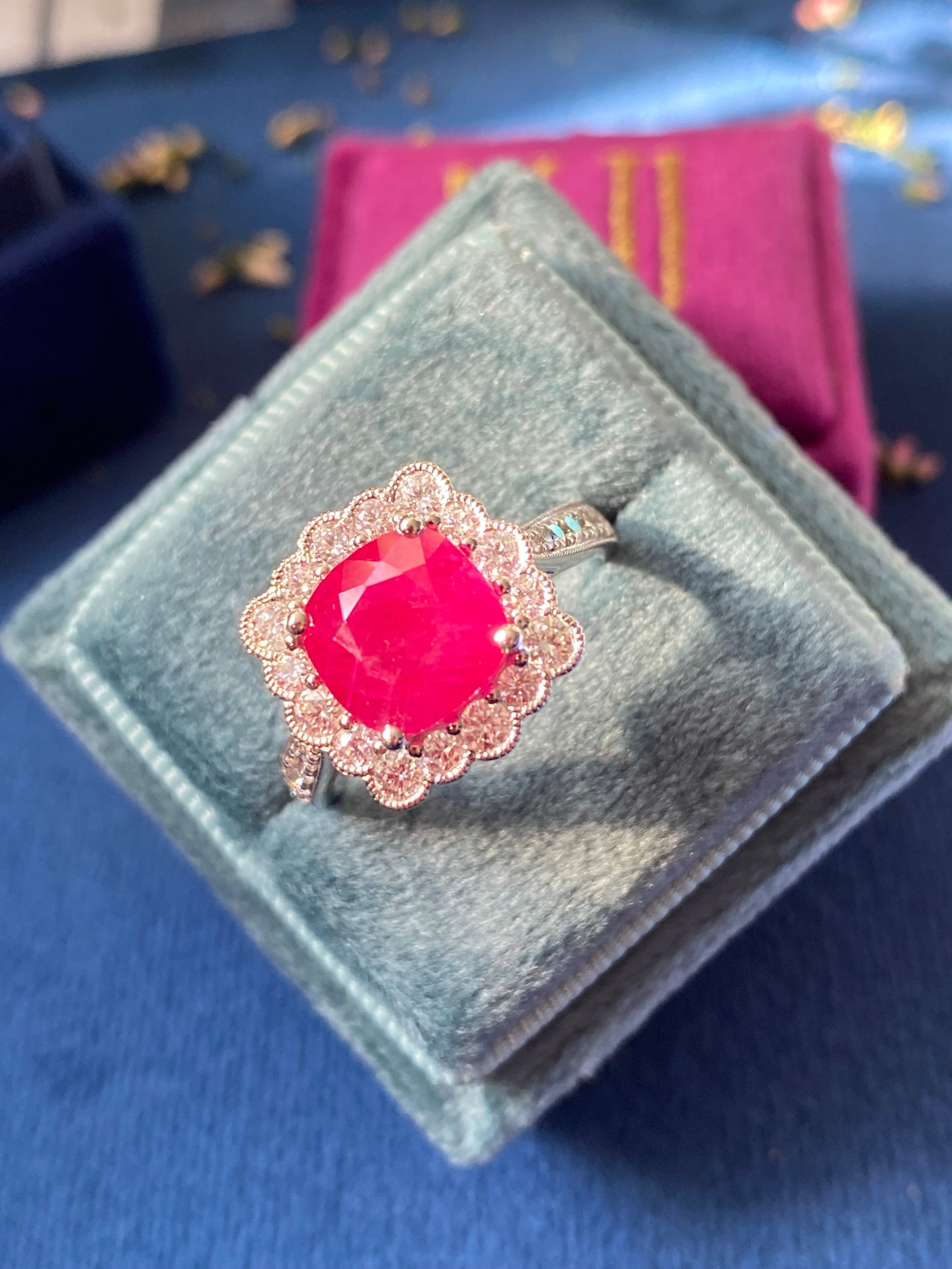 3.29 Carat Cushion-Cut Ruby and 0.78 ctw Natural Diamond Halo Ring in Platinum