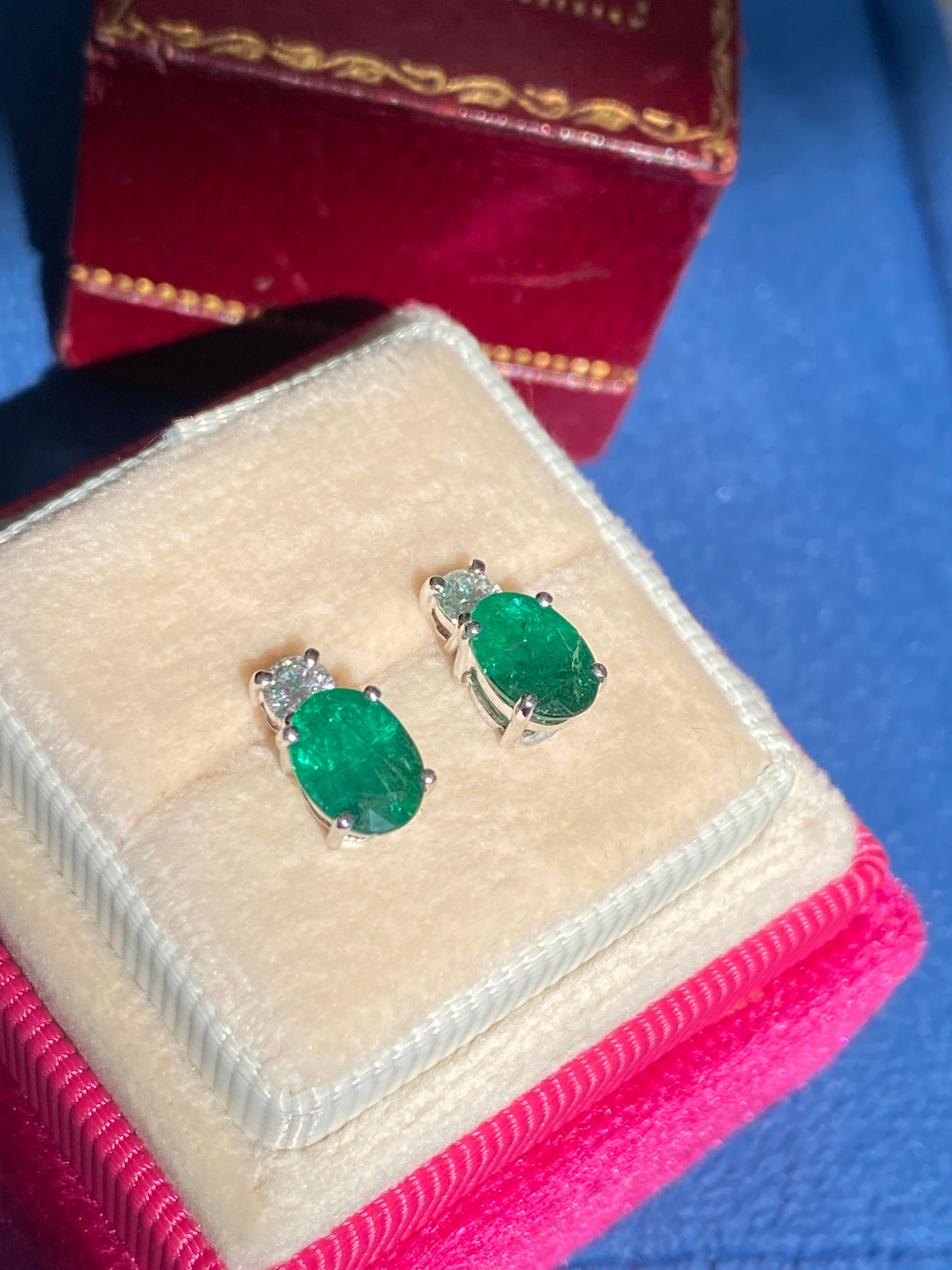 2.17 CTW Emerald and Natural Diamond Stud Earrings in 18ct White Gold
