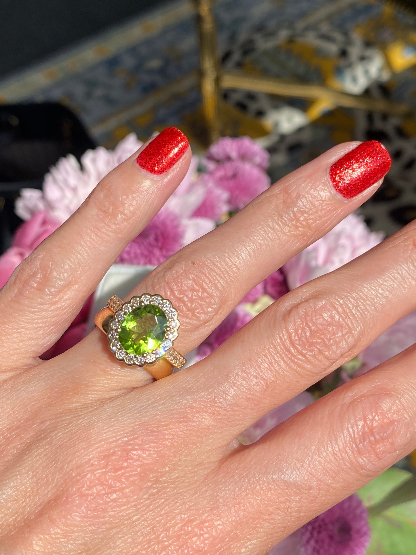 2.96 Carat Peridot and Natural Diamond Halo Ring in 18ct Yellow Gold