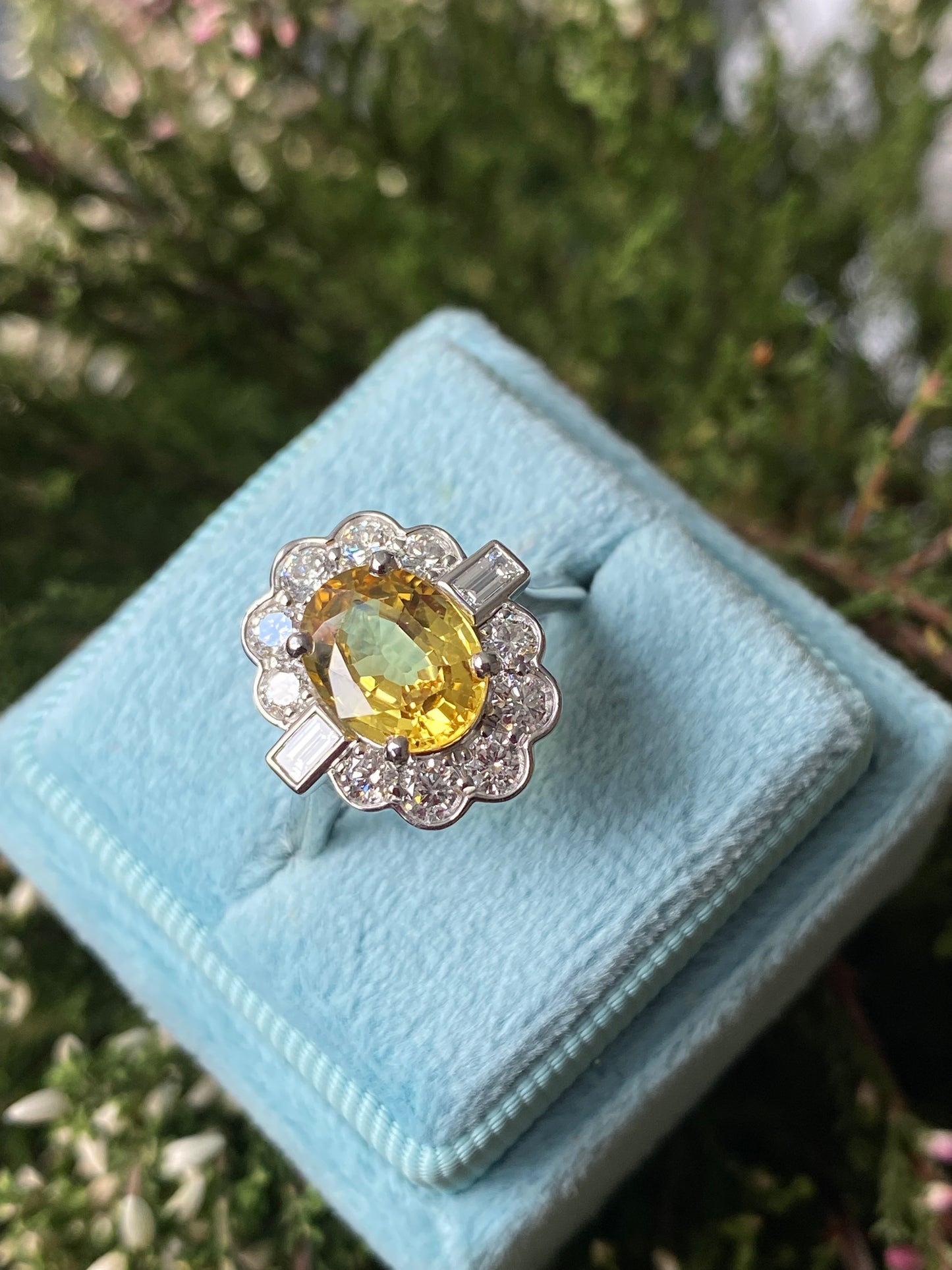 2.45 Carat Yellow Sapphire and Natural Diamond Halo Ring in Platinum