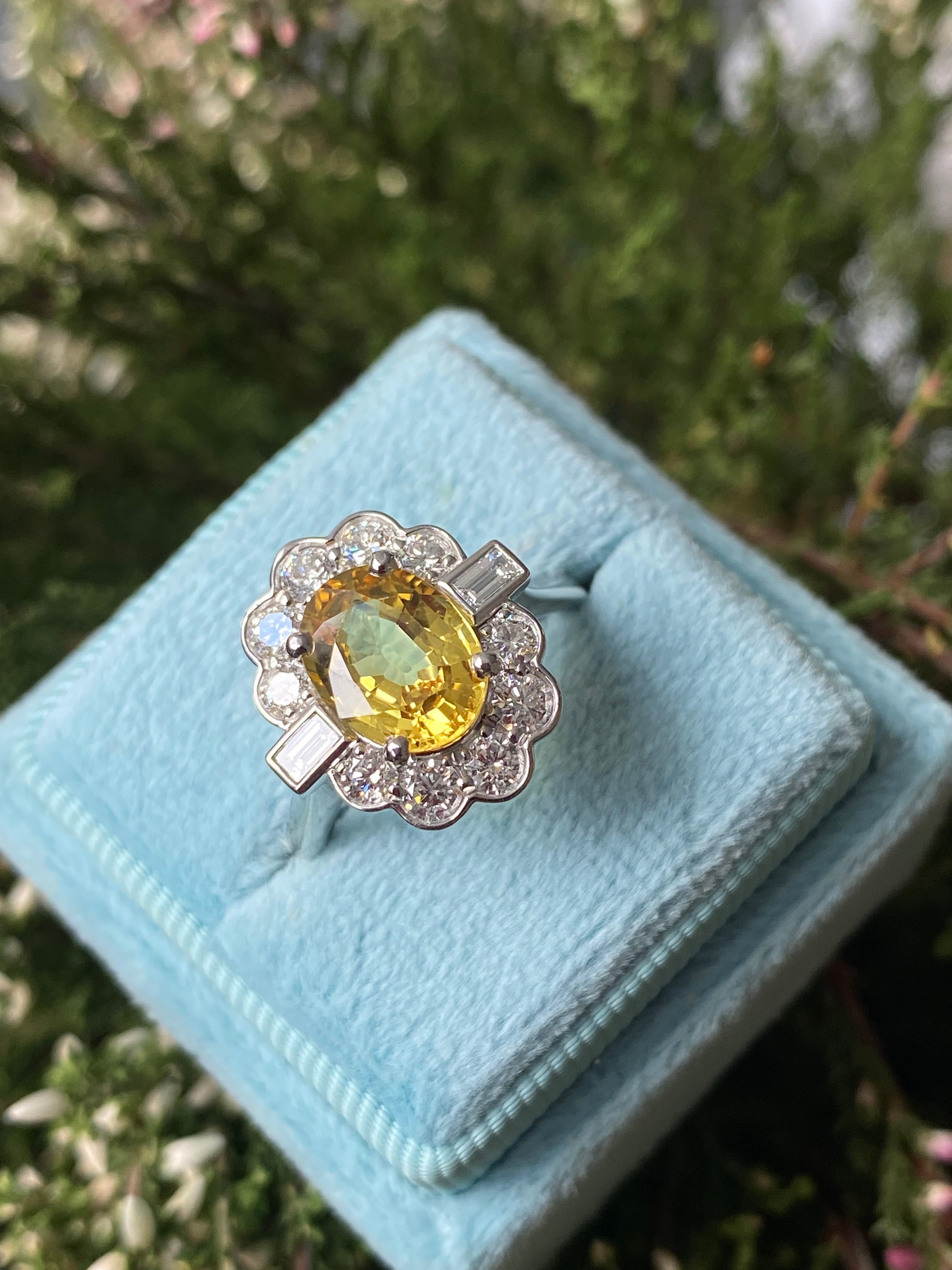 2.45 Carat Yellow Sapphire and Natural Diamond Halo Ring in Platinum
