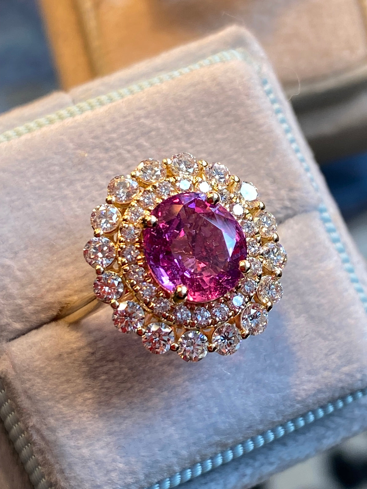 3.45 CTW Round Cut Pink Sapphire and Natural Diamond Halo Engagement Ring in 18ct Yellow Gold
