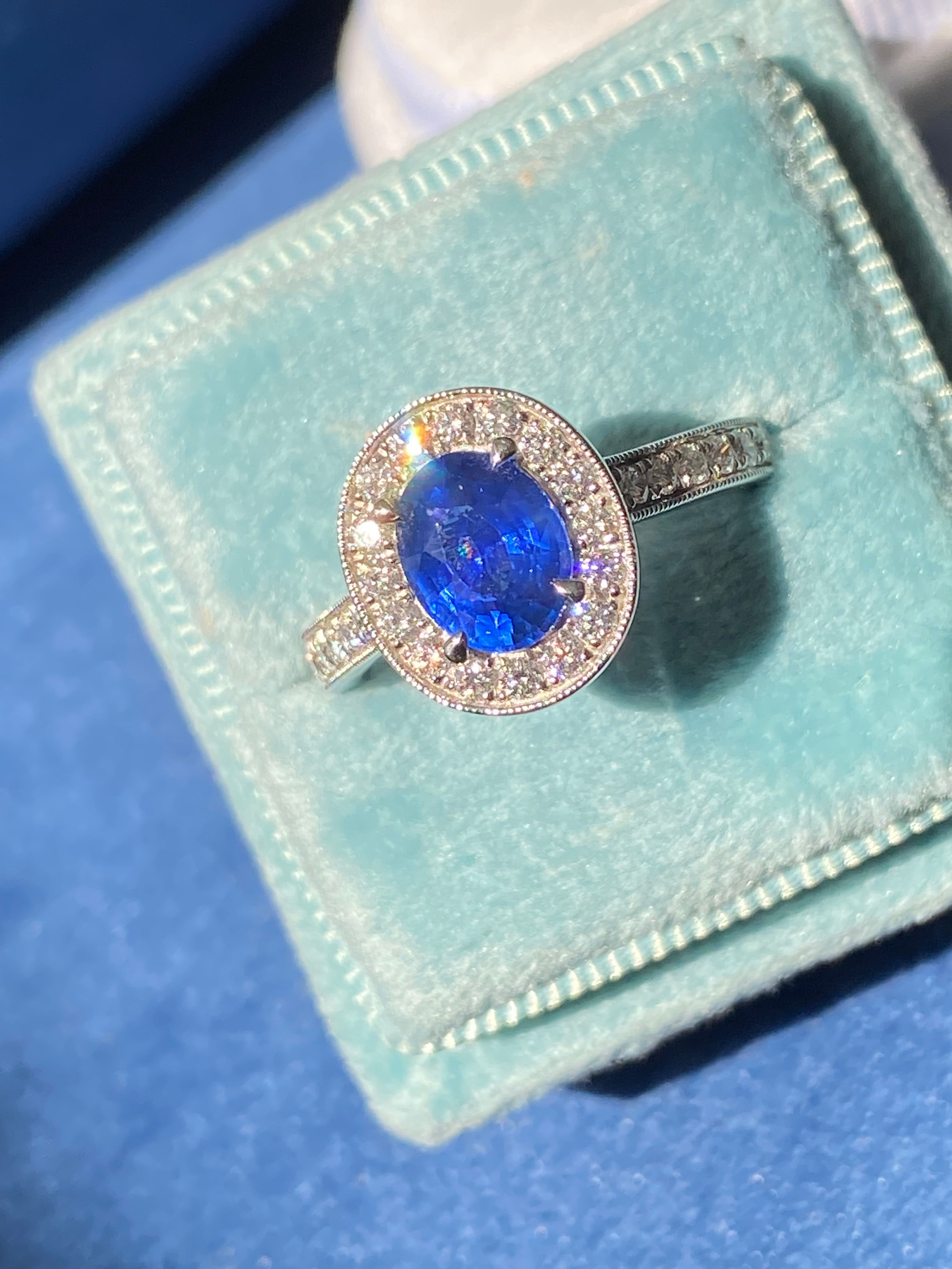 1.98 CTW Blue Ceylon Sapphire and Natural Diamond Halo Ring in Platinum