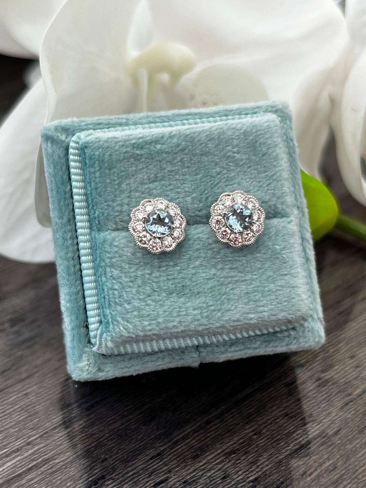 Aquamarine and Natural Diamond Halo Stud Earrings in 18ct White Gold