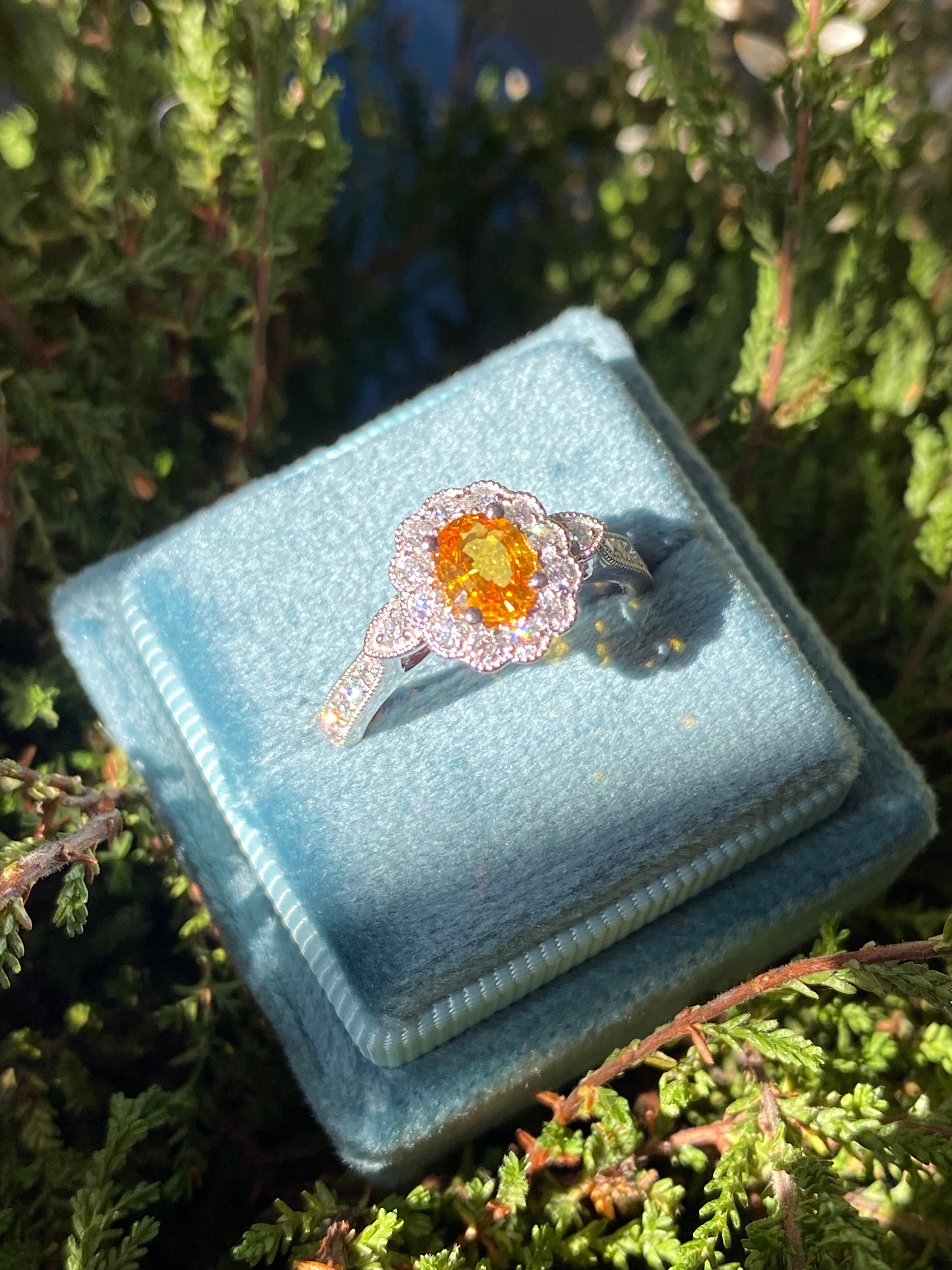 1.20ctw Orangey Yellow Sapphire and Natural Diamond Halo Ring in Platinum