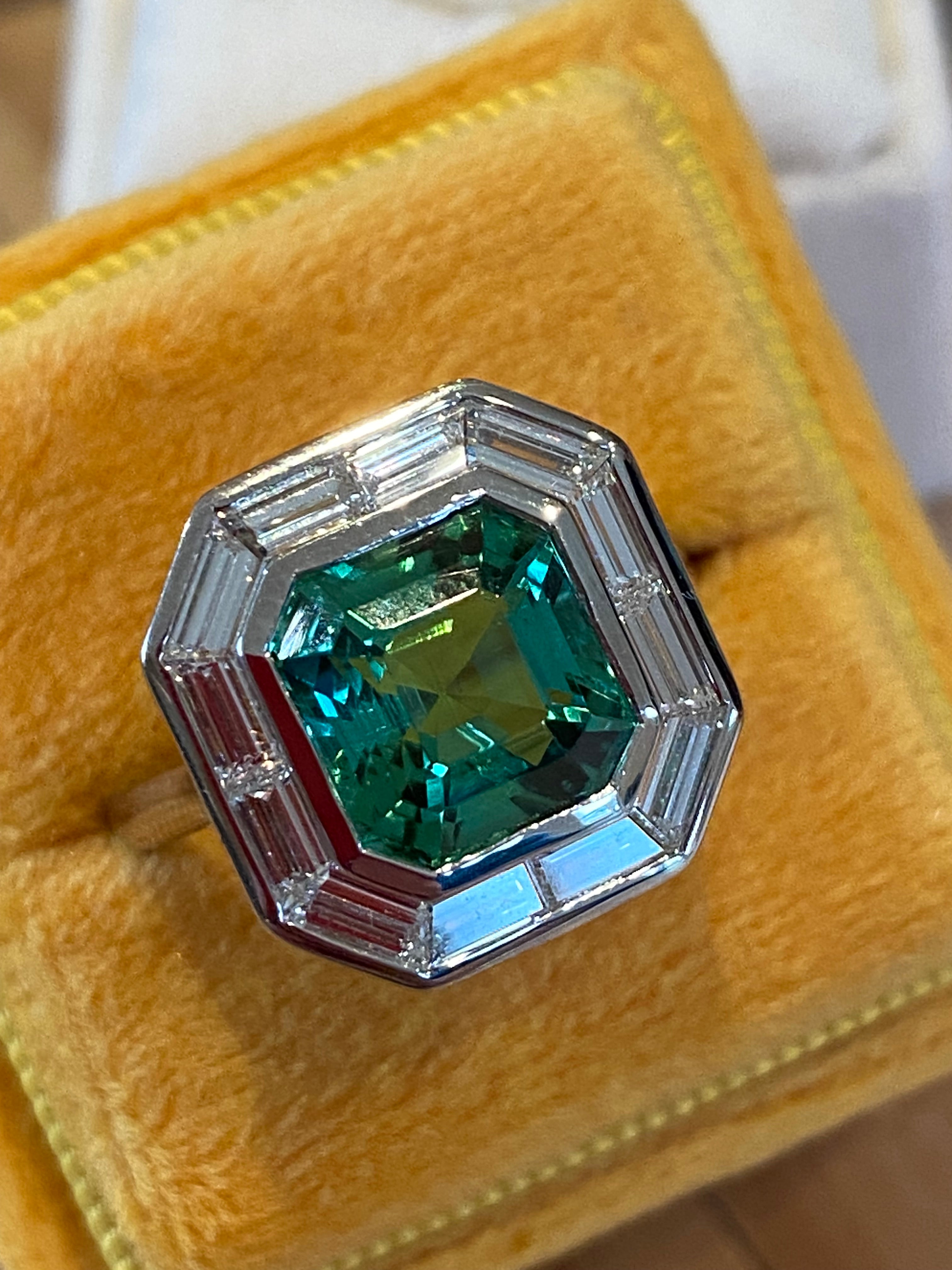 3.98 Carat Mint Tourmaline and 1.15ctw Natural Diamond Ring in Platinum