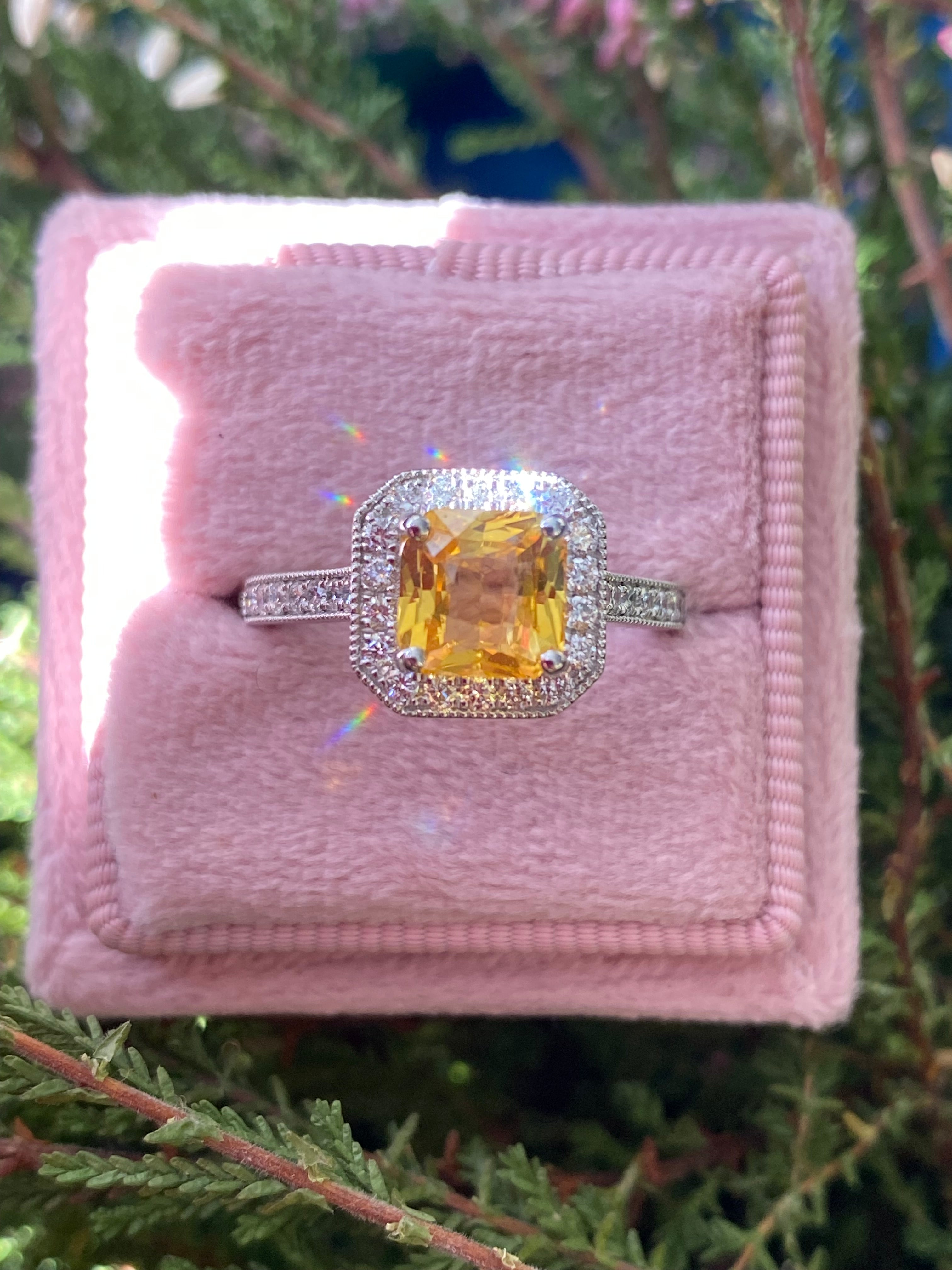 2.06 Carat Yellow Sapphire and Natural Diamond Halo Ring in Platinum