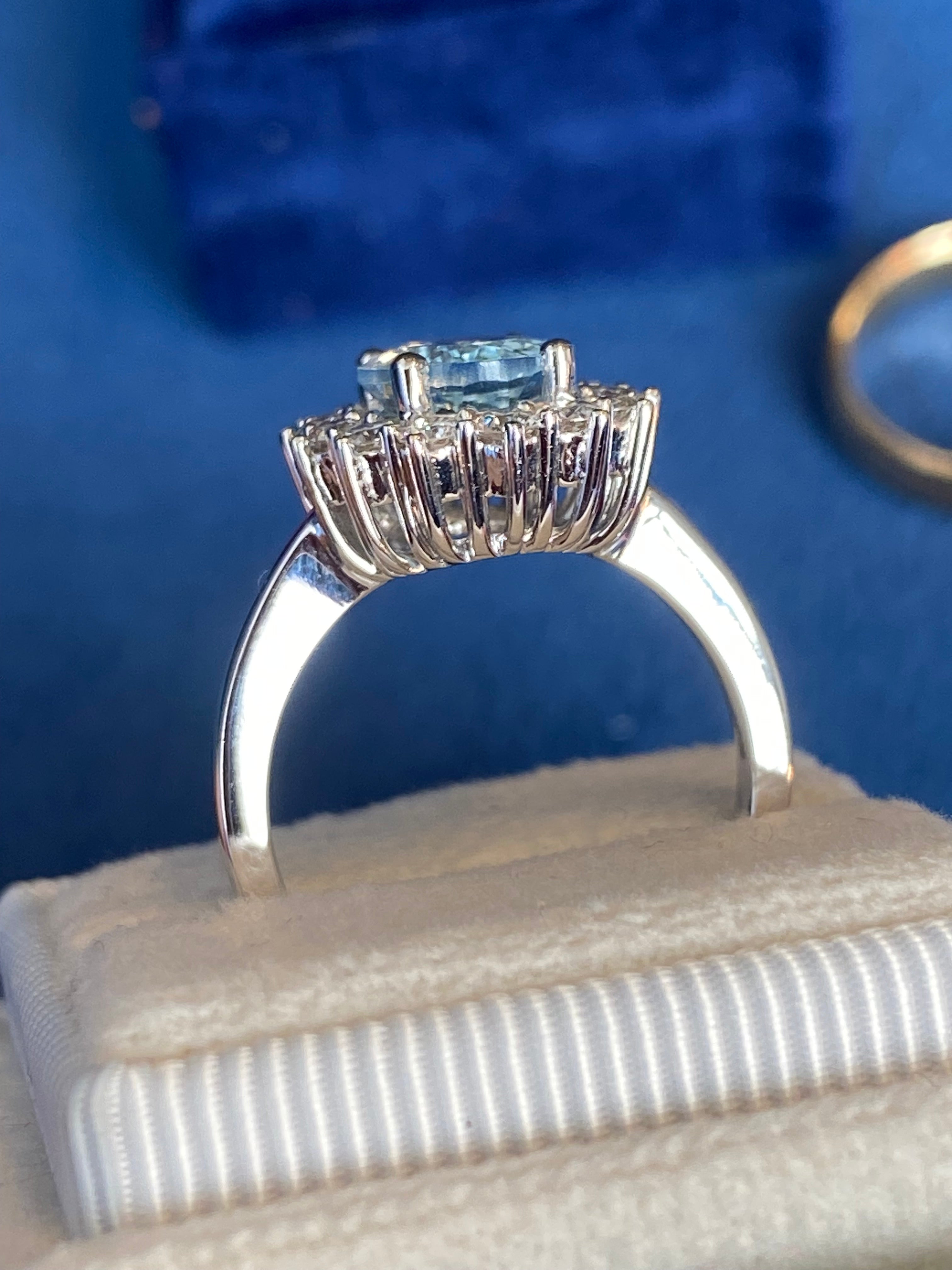 2.02 CTW Oval Cut Aquamarine and Natural Diamond Halo Engagement Ring in Platinum