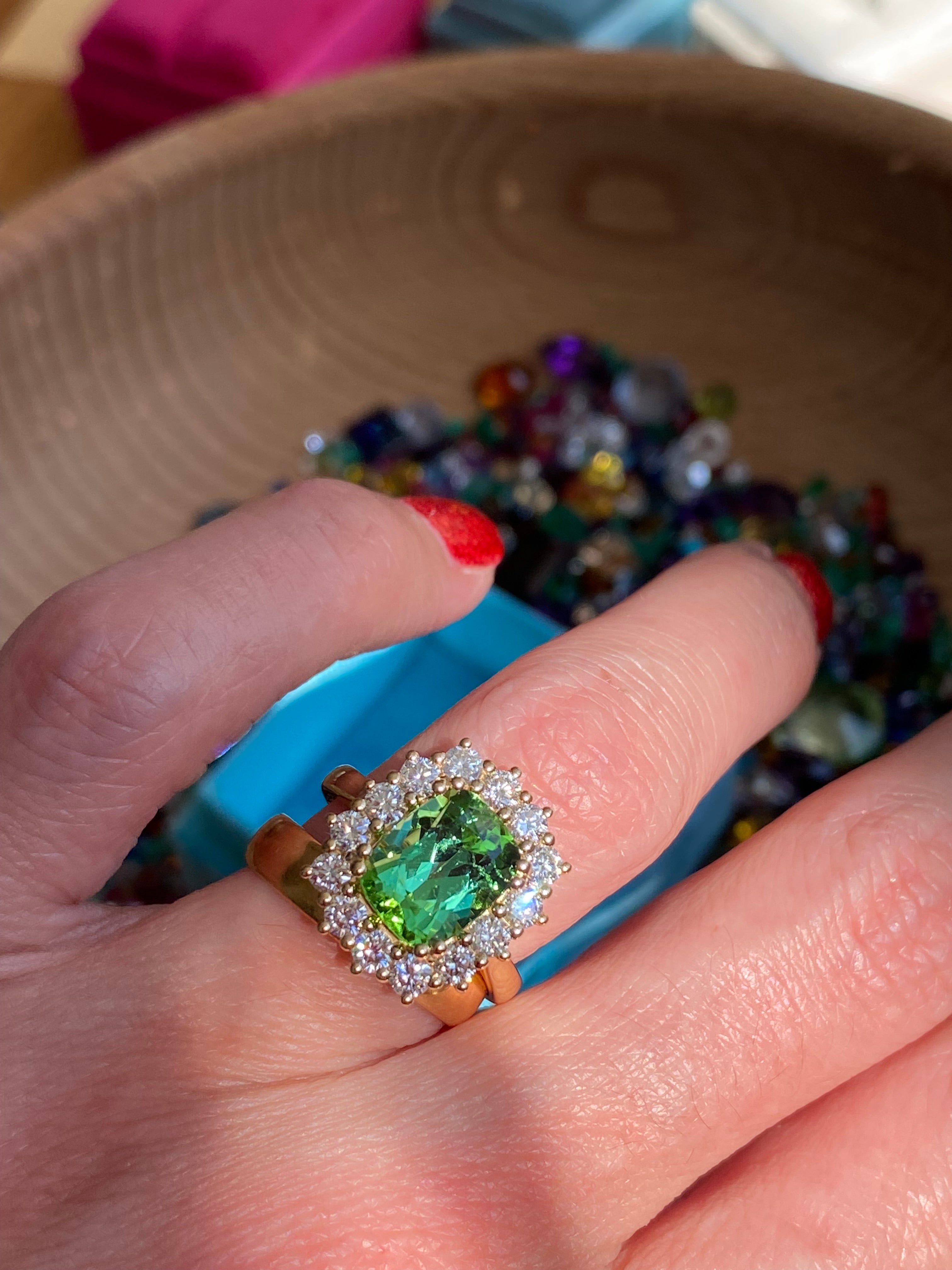 3.02 Carat Green Tourmaline and Natural Diamond Ring in 18ct Yellow Gold