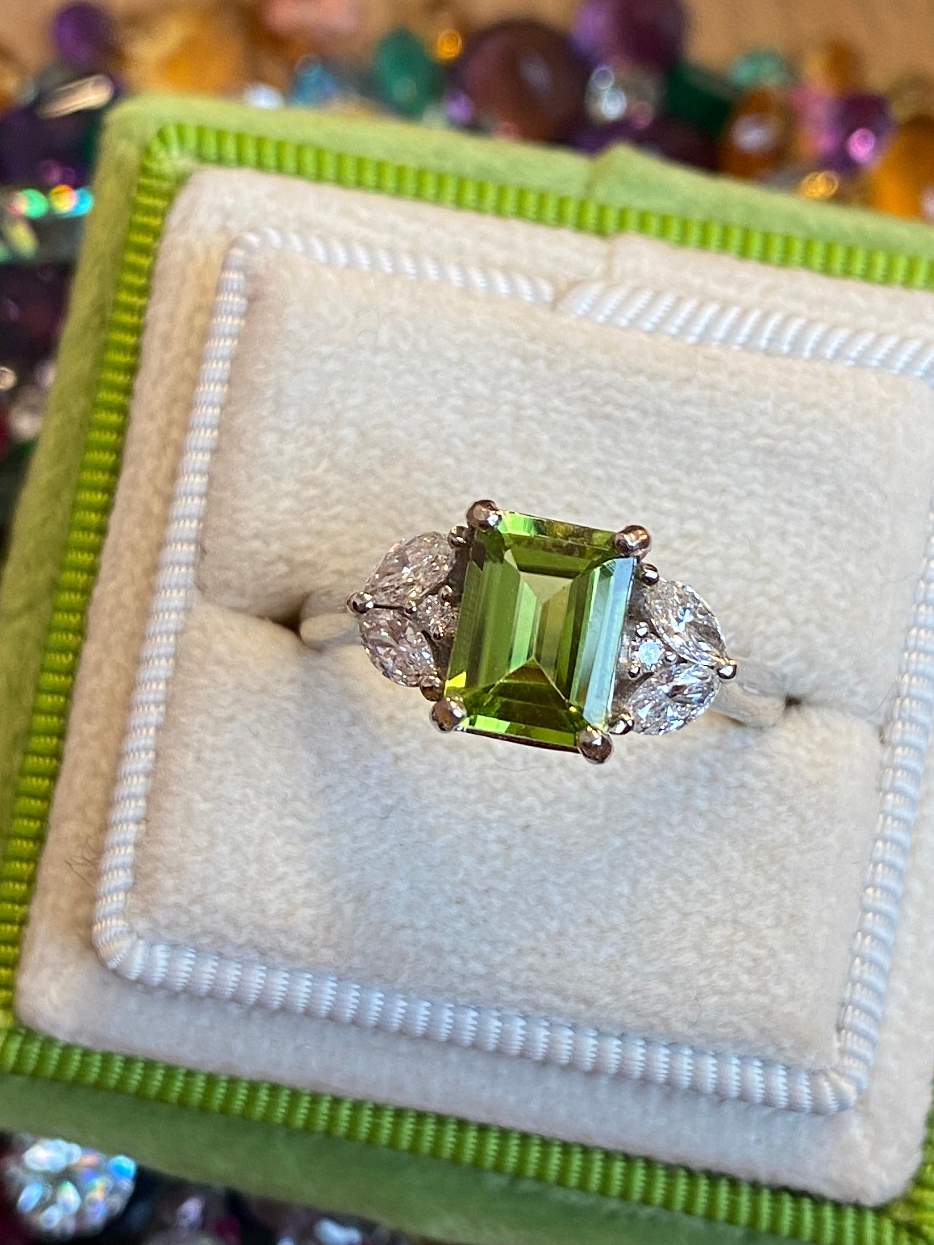 1.96 CTW Carat Peridot and Diamond Three Stone Engagement Ring in Platinum