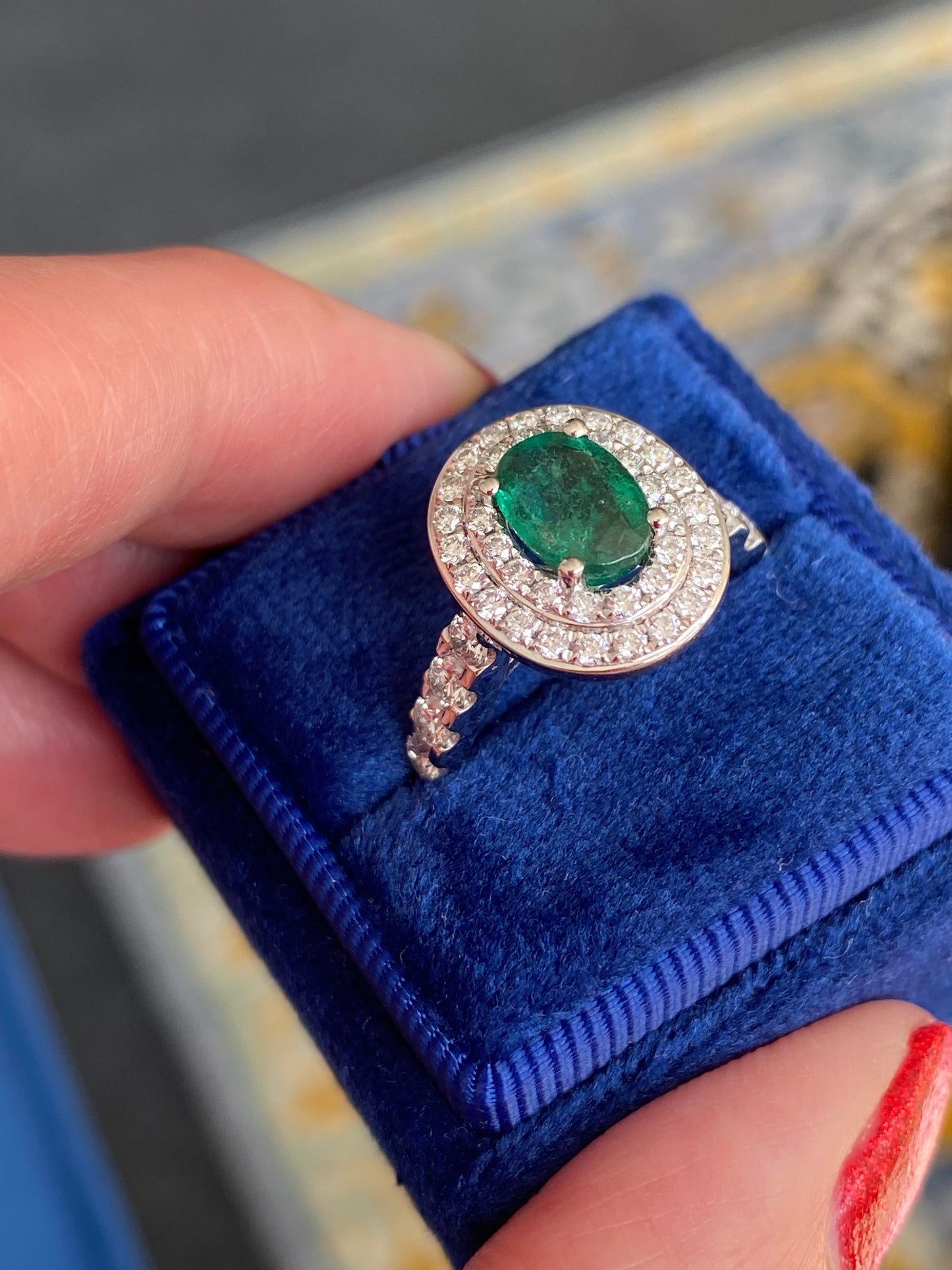 2.22 Ctw Emerald and Natural Diamond Double Halo Ring in Platinum