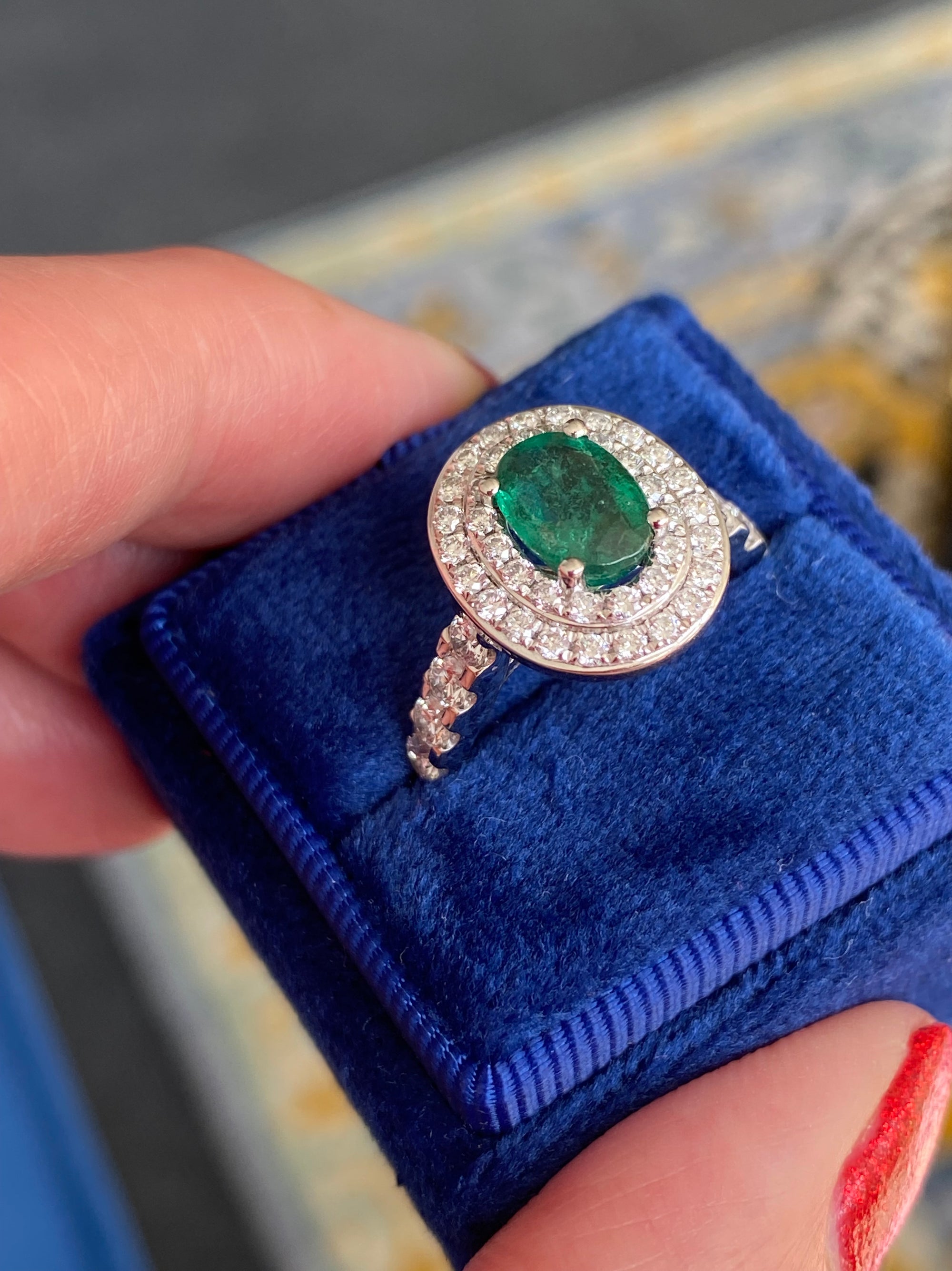 2.22 Ctw Emerald and Natural Diamond Double Halo Ring in Platinum