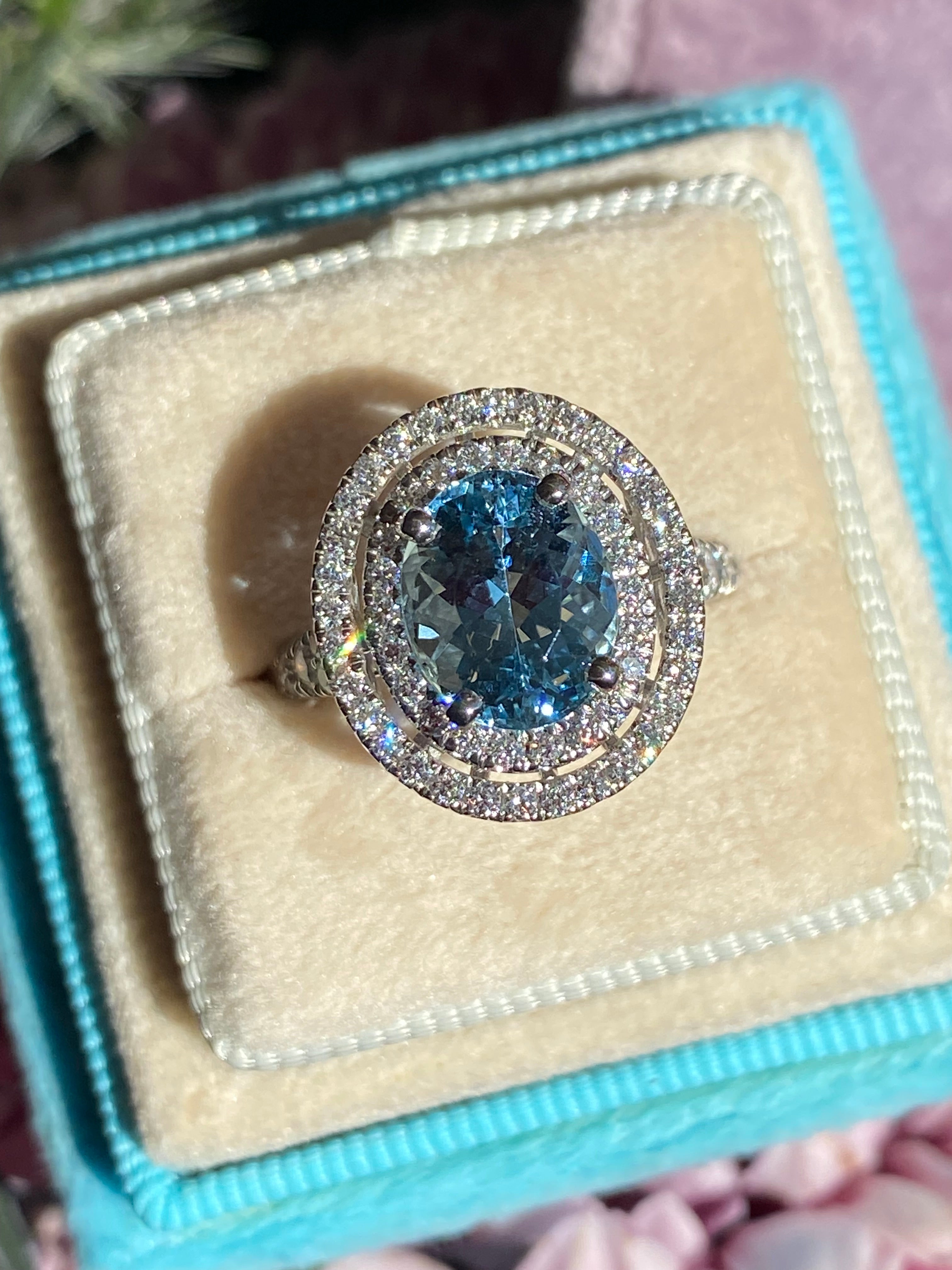 3.23 CTW Oval Cut Aquamarine and Natural Diamond Double Halo Engagement Ring in Platinum