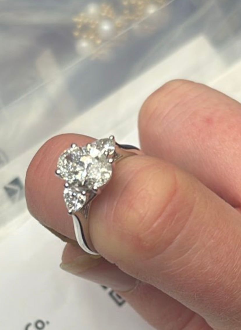 2.61 CTW Oval and Heart Cut D Colour VS2 Lab Diamond Three Stone Ring in Platinum