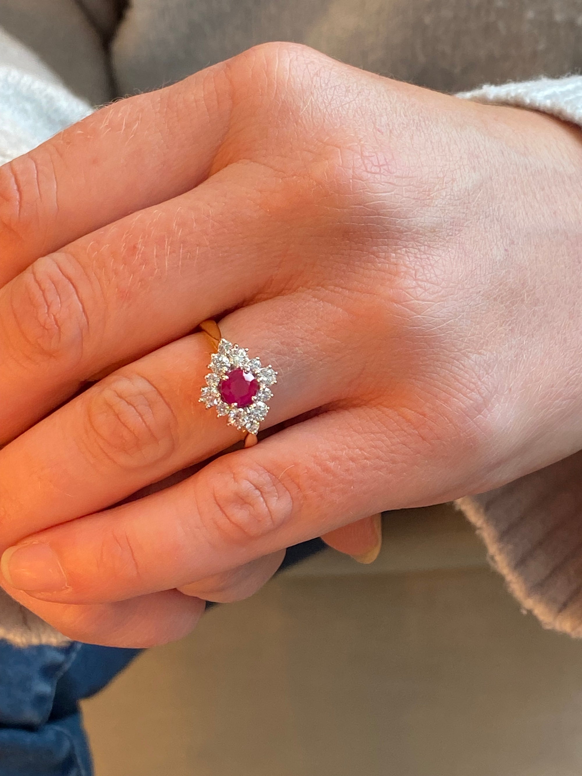 1.31 CTW Round-Cut Ruby and Natural Diamond Halo Ring in 18ct White and Yellow Gold