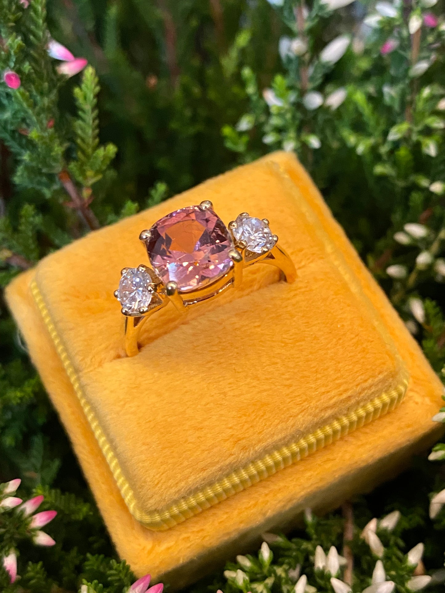 3.12ctw Pink Tourmaline and Natural Diamond Three Stone Ring in 18ct Yellow Gold