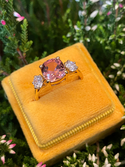 3.12ctw Pink Tourmaline and Natural Diamond Three Stone Ring in 18ct Yellow Gold