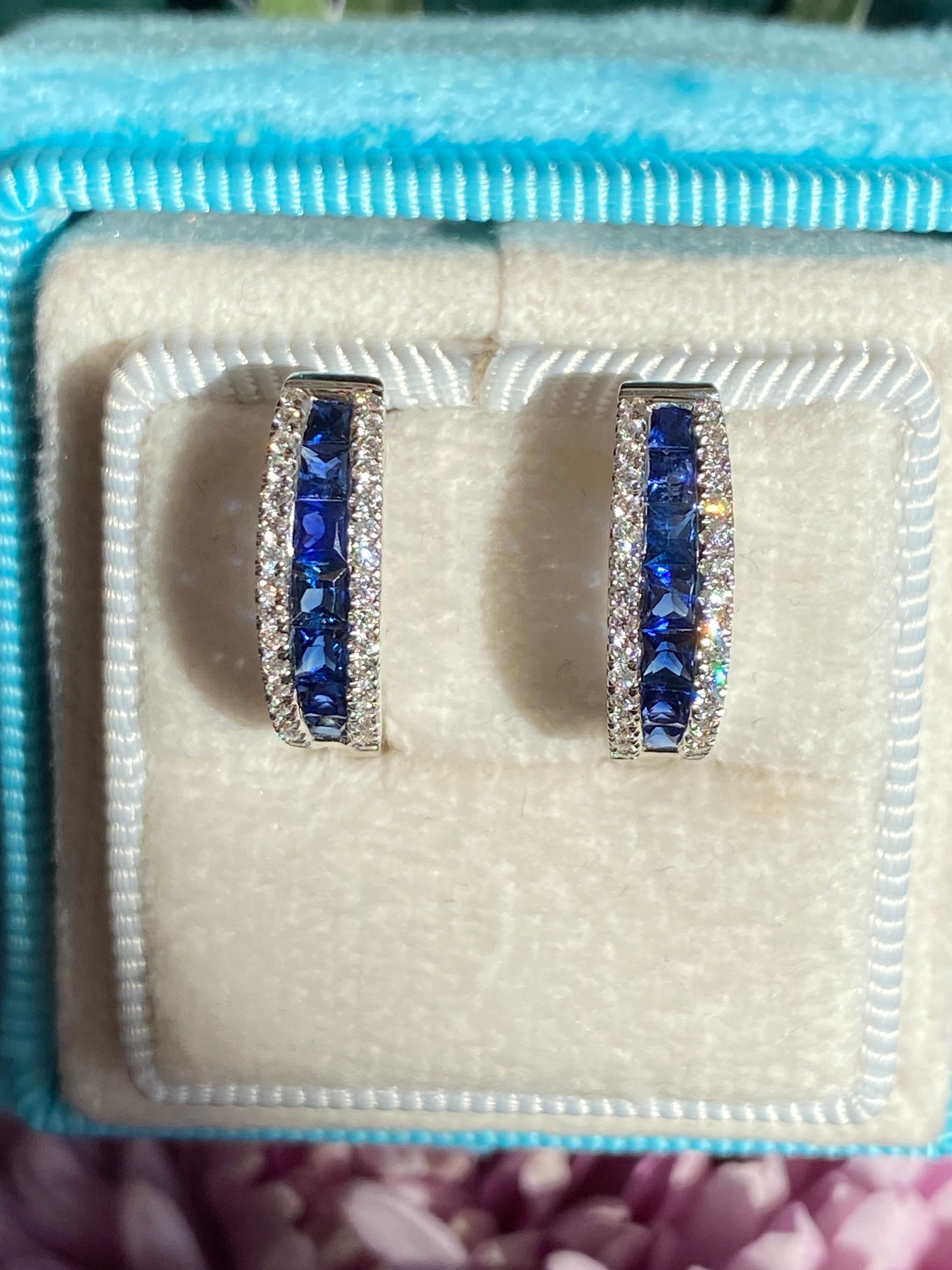 1.25 CTW Sapphire and Natural Diamond Hoop Earrings in 18ct White Gold
