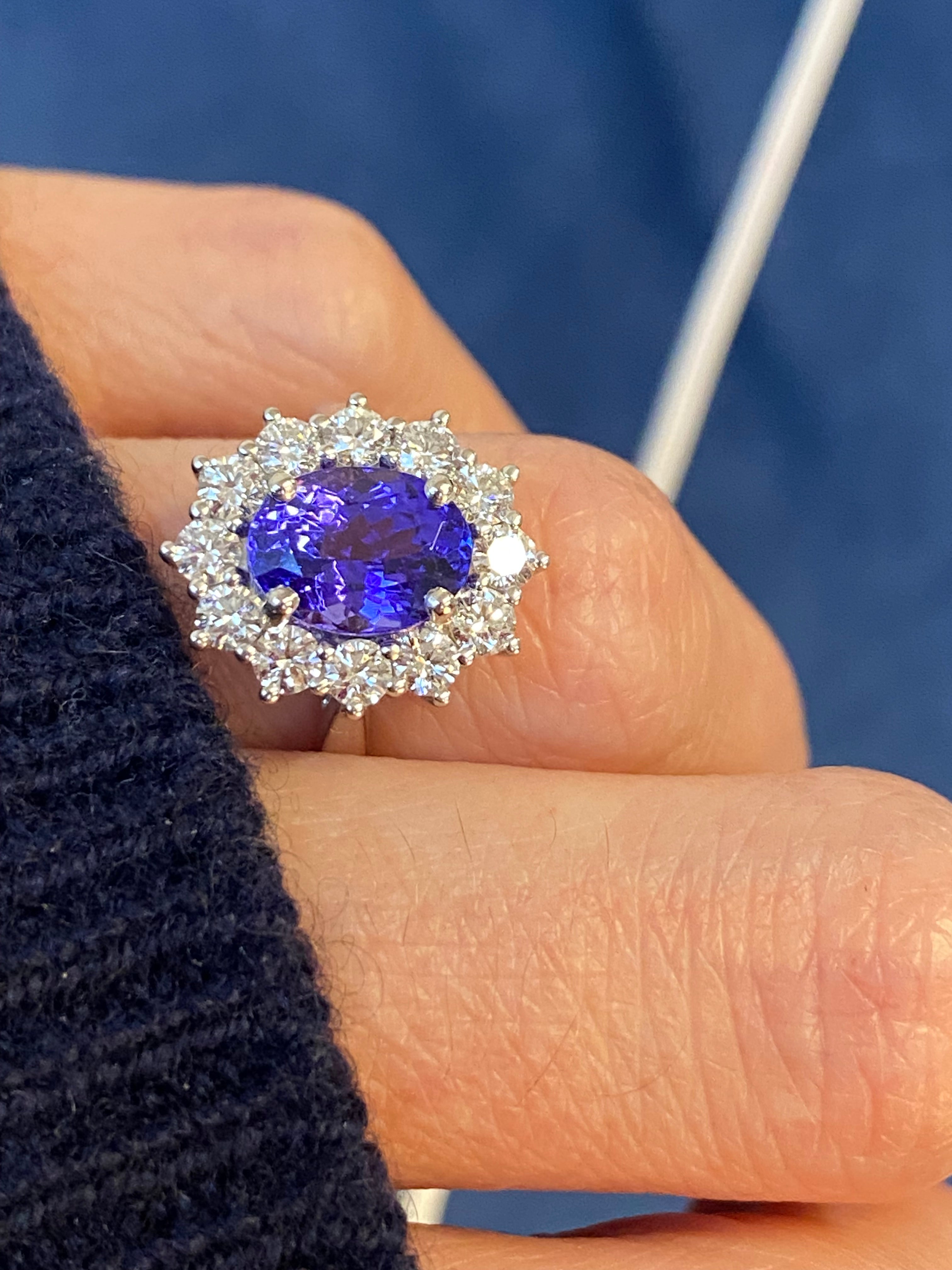 2.37 Carat Oval Cut Tanzanite and 0.93 ctw Natural Diamond Ring in Platinum