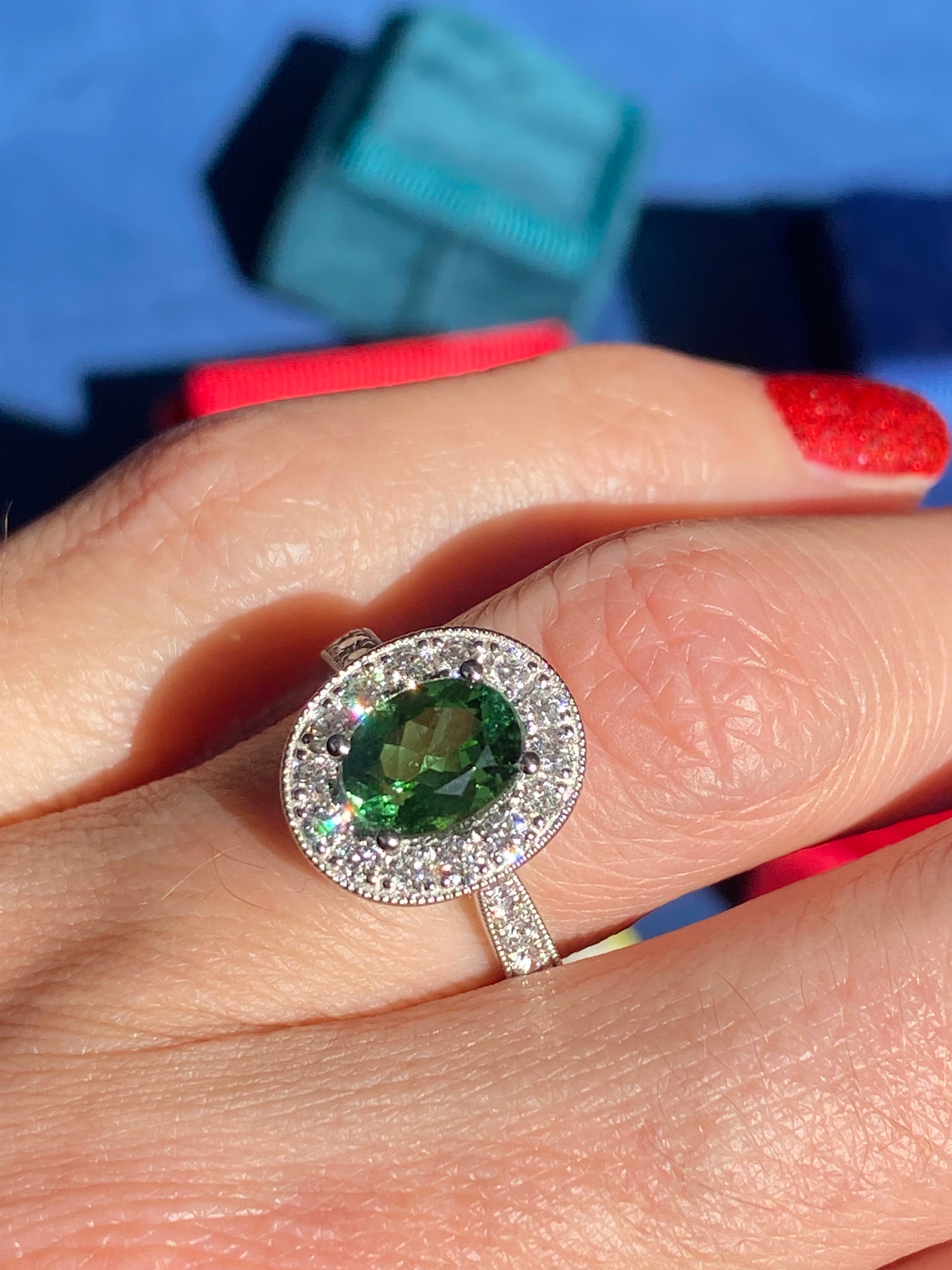1.66 Carat Oval Cut Mint Tourmaline and 0.66 CTW Natural Diamond Ring in Platinum