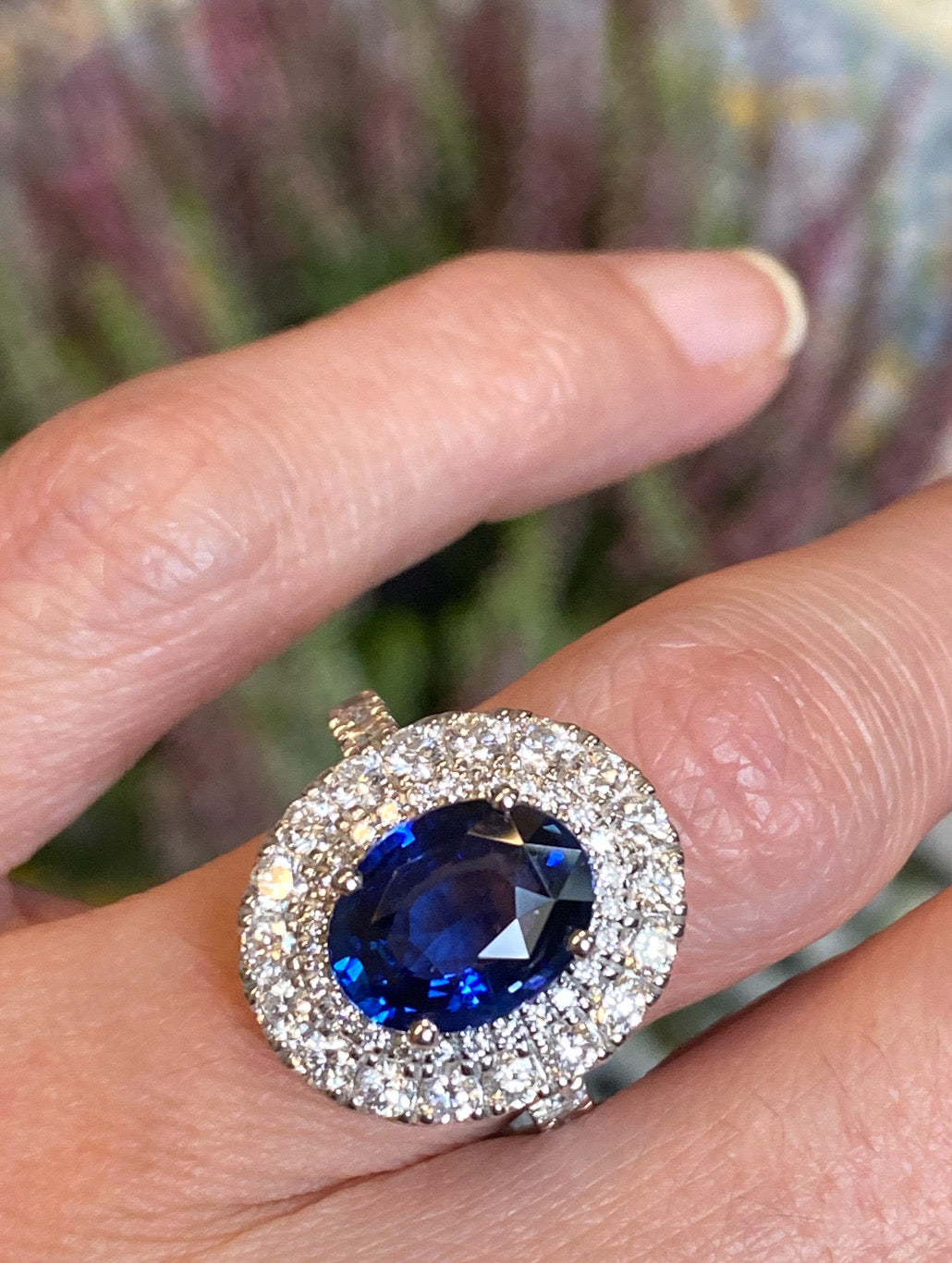 4.29 Carat Blue Ceylon Sapphire and 1.67 CTW Natural Diamond Halo Ring in Platinum