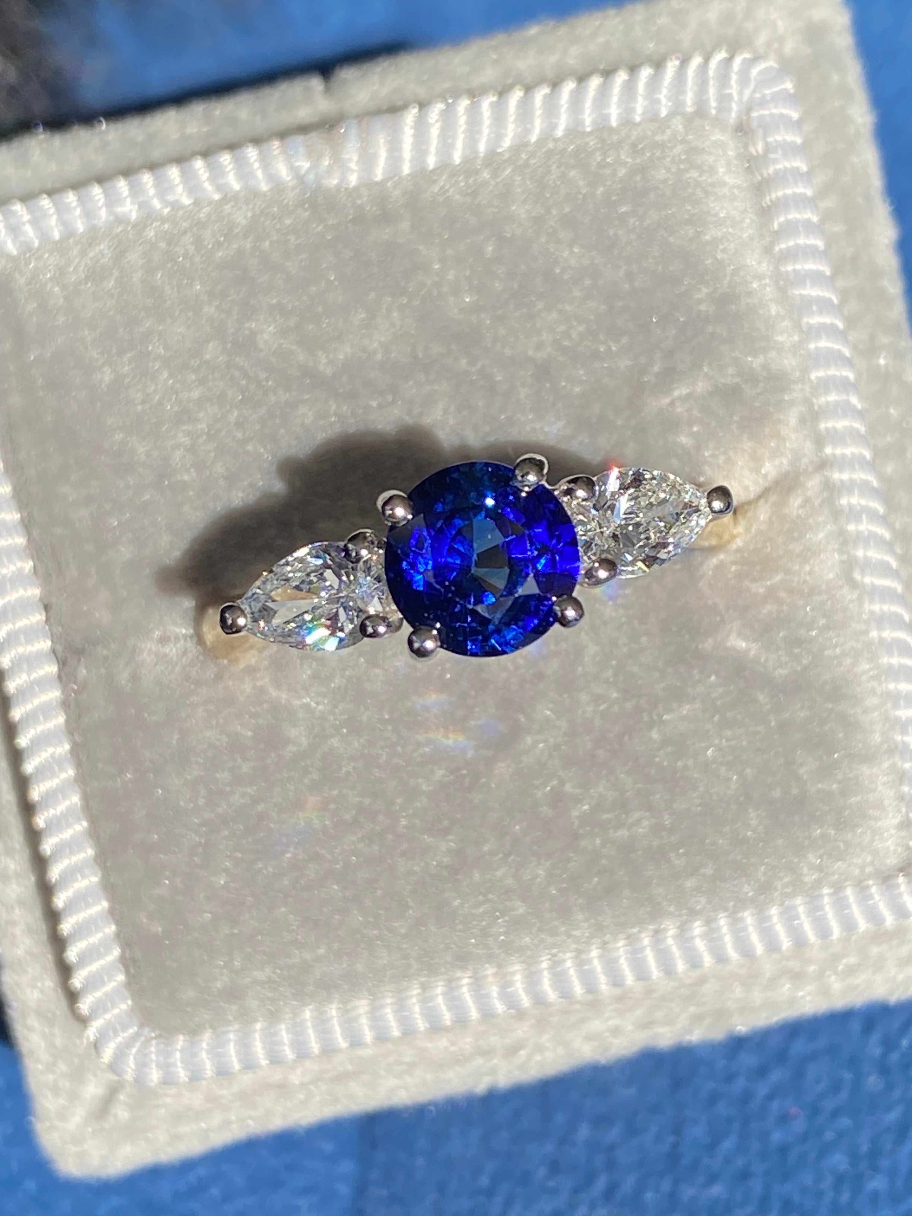 1.52 CTW Blue Ceylon Sapphire and Natural Diamond Three Stone Engagement Ring in Platinum and 18ct Yellow Gold