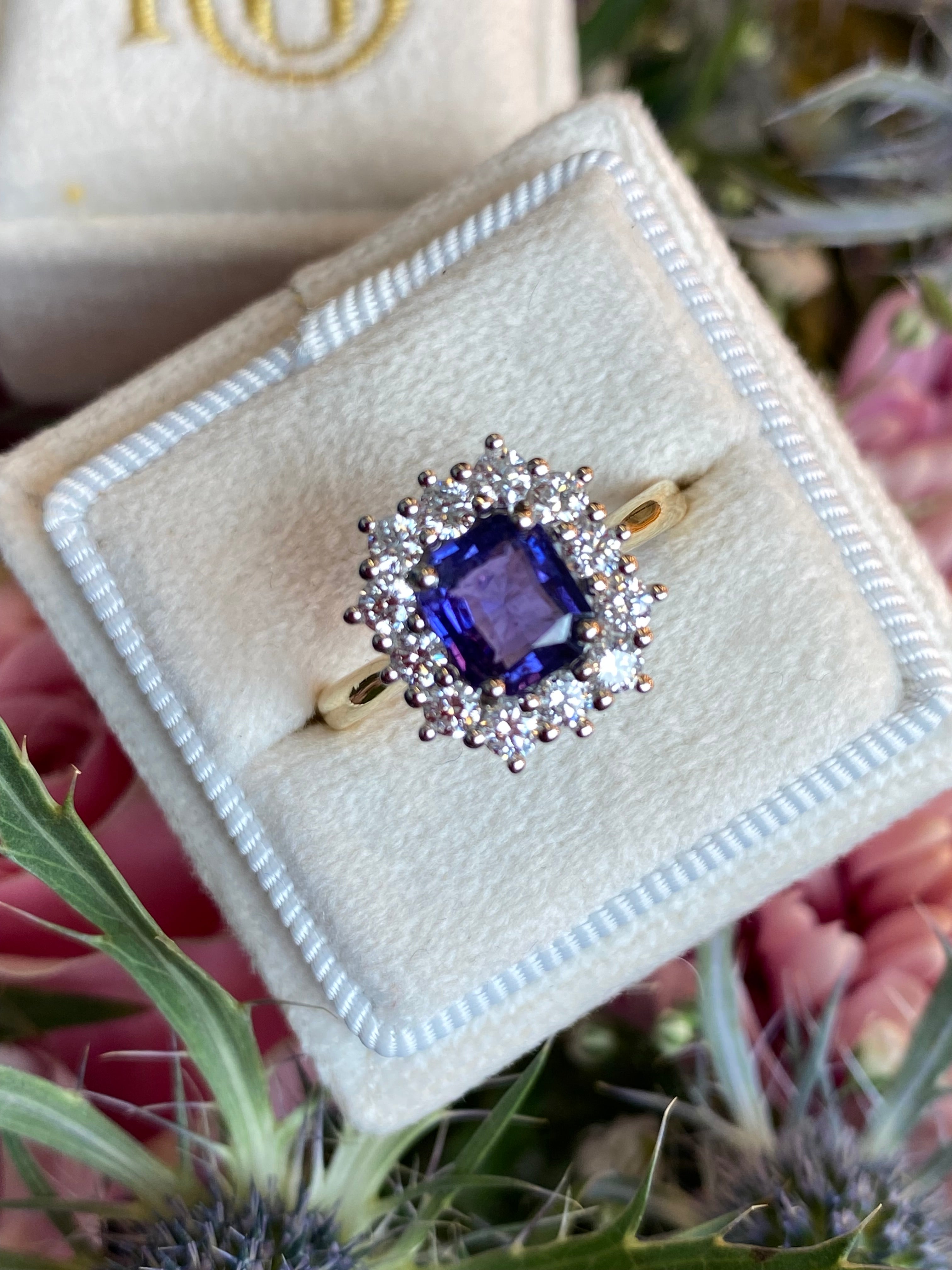 1.31 Carat Purple Sapphire and 0.60ctw Natural Diamond Halo Ring in Platinum and 18ct Gold