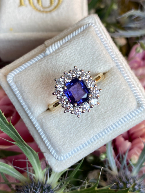 1.31 Carat Purple Sapphire and 0.60ctw Natural Diamond Halo Ring in Platinum and 18ct Gold
