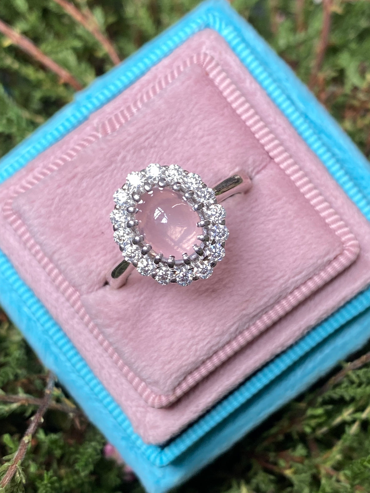3.50 CTW Oval Cabochon Cut Rose Quartz and Moissanite Halo Cocktail Ring