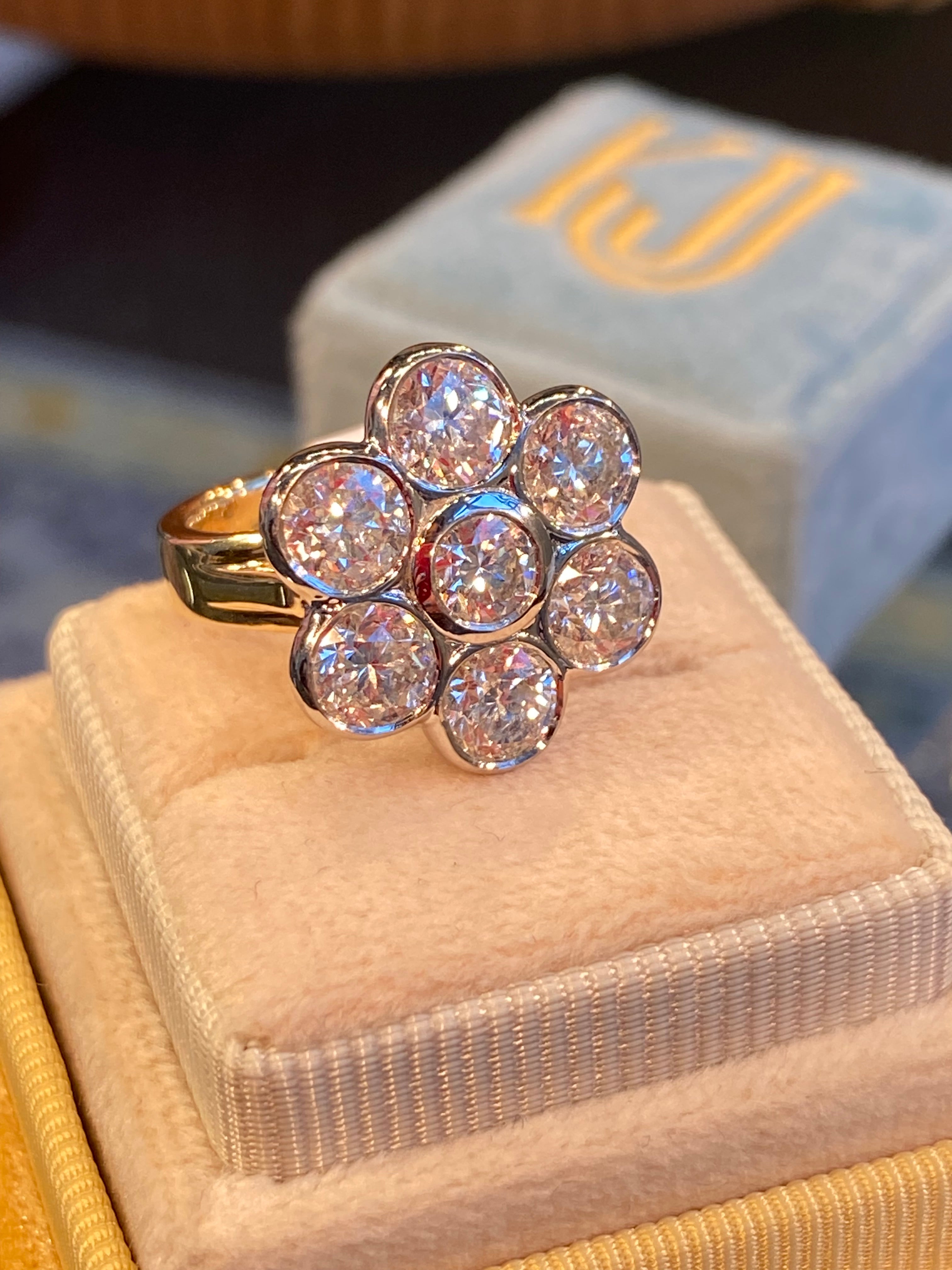 Vintage 4.07 CTW Natural Diamond Daisy Cluster Ring in Platinum and 18ct Yellow Gold