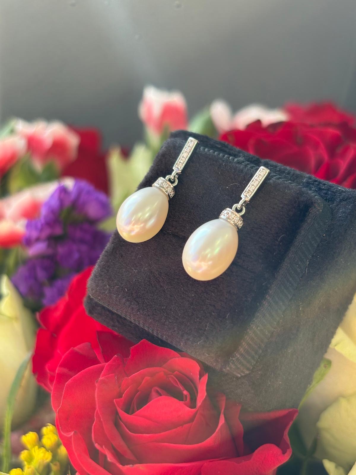 8.86 CTW Oval Pearl and Diamond Drop Earrings in 18ct White Gold