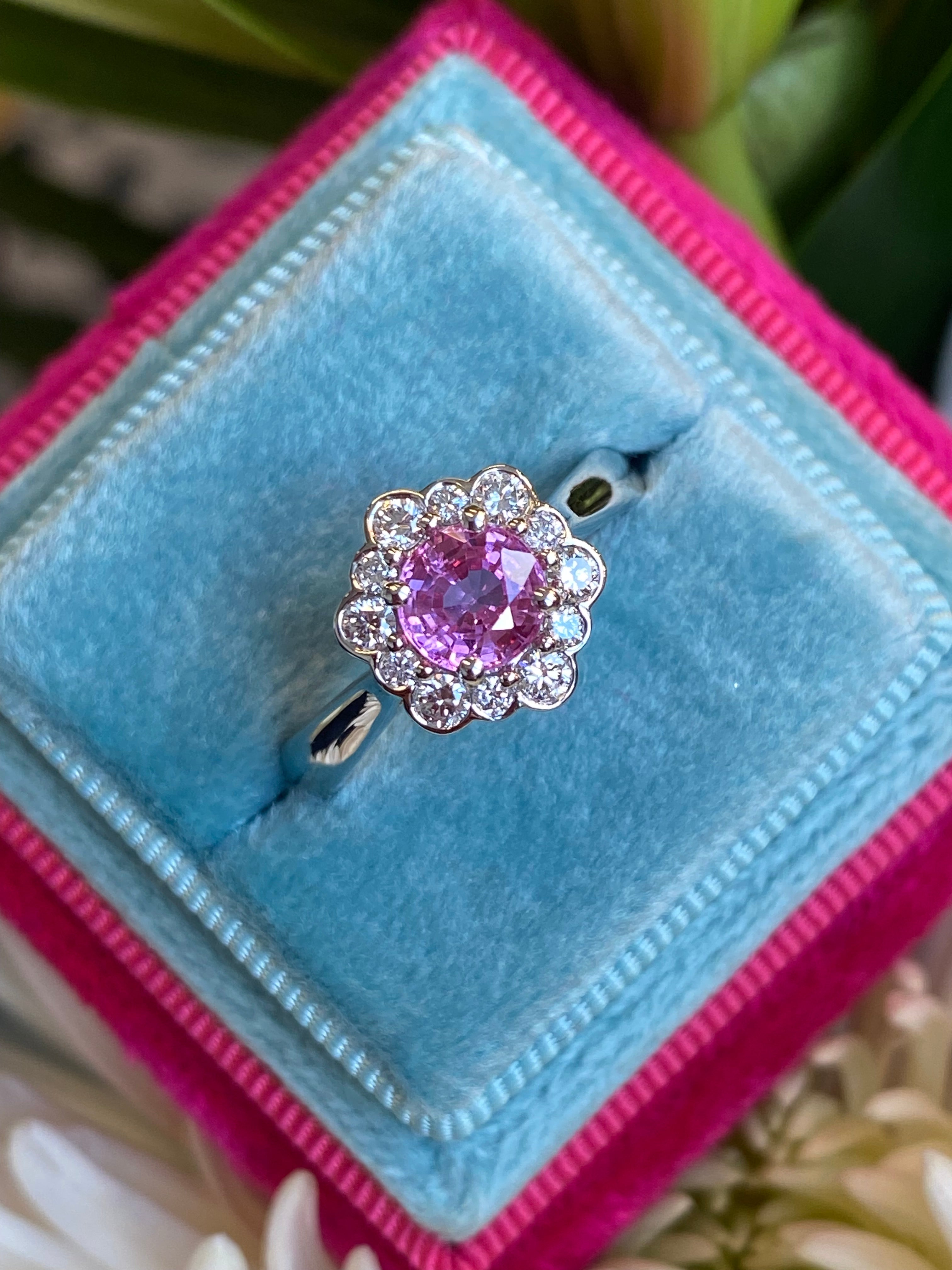 1.26 CTW Round Cut Pink Sapphire and Natural Diamond Halo Engagement Ring in Platinum